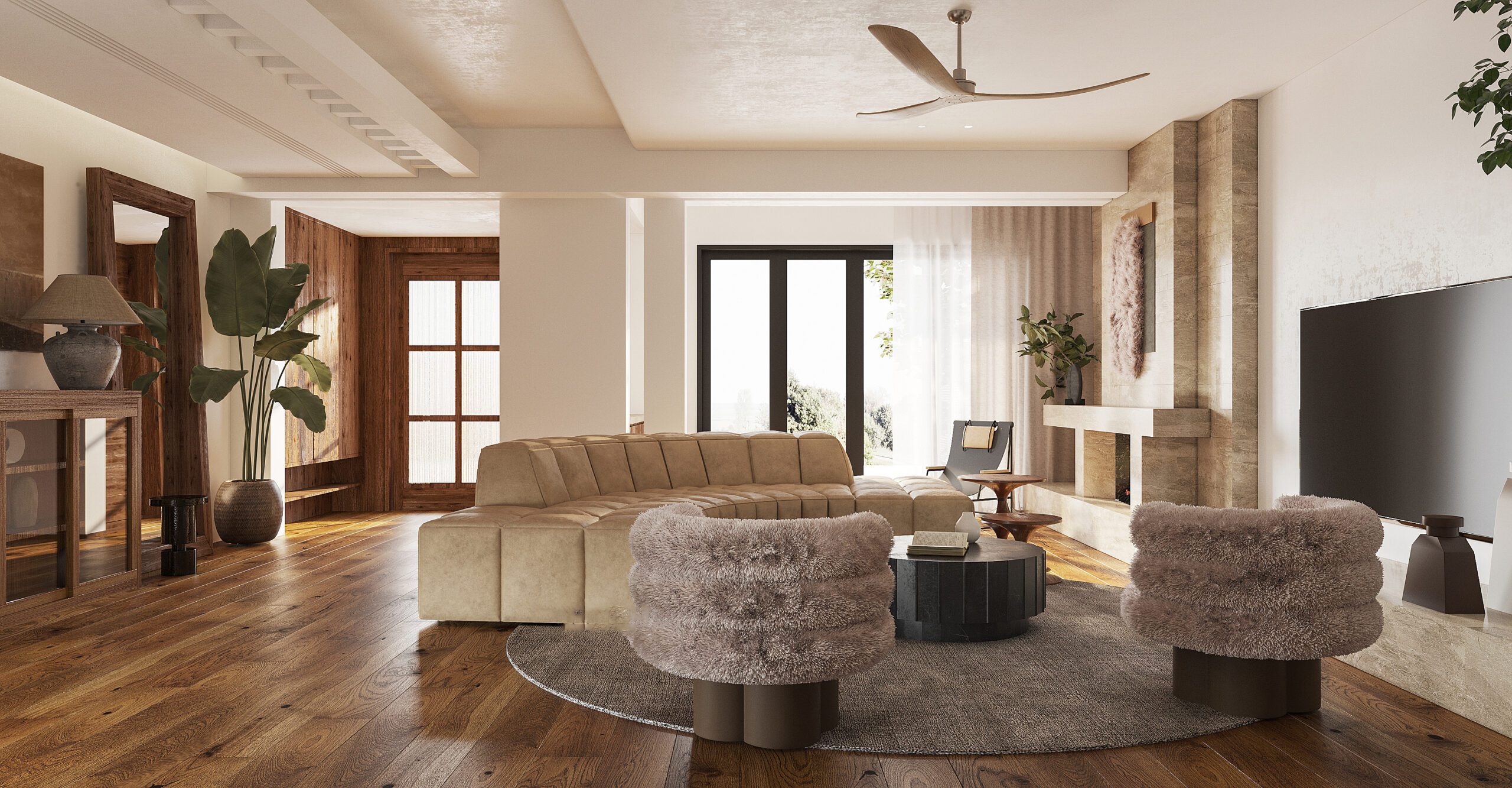 美式風格室內設計利用大量實木材質，讓空間多了溫柔、溫暖的感受