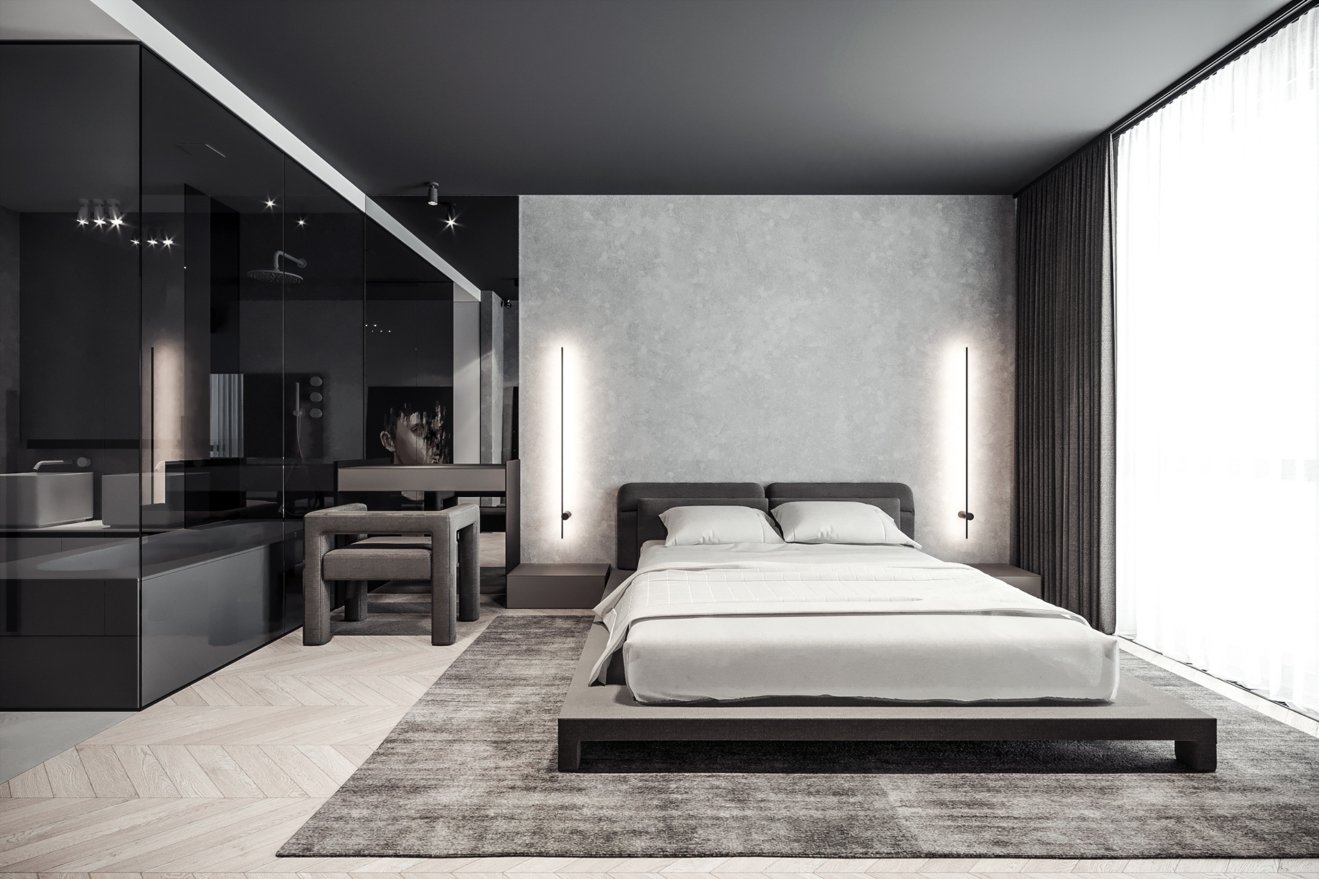 以黑色、白色、灰色搭配出來的臥室也可以有柔軟的氛圍和舒適感