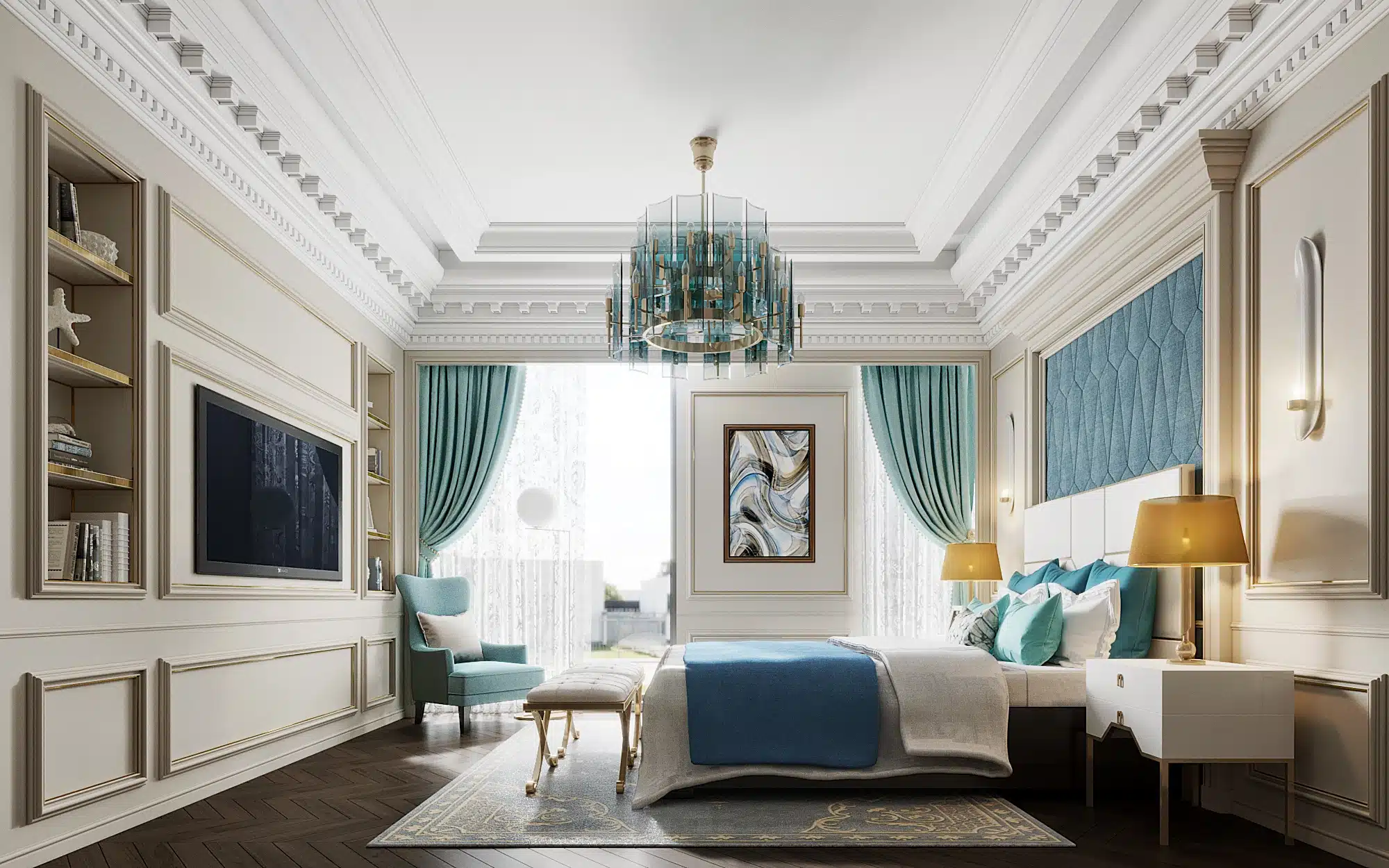 法式收納櫃結合電視牆設計