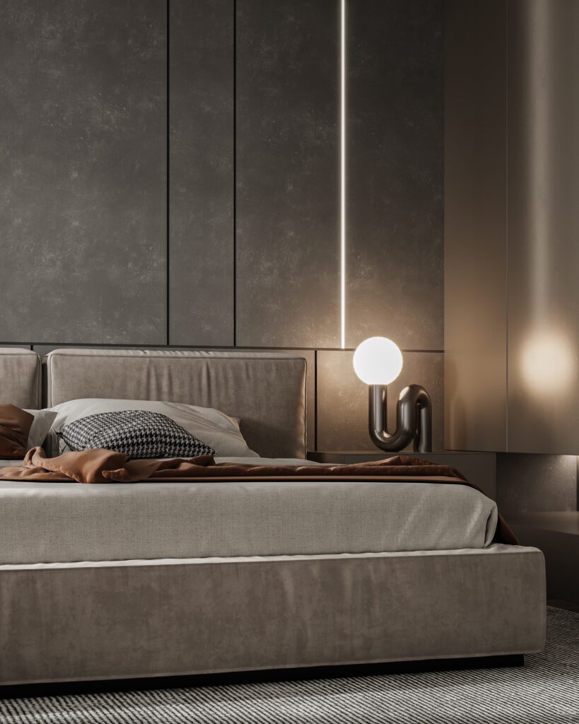 中古屋裝潢風格分享圖，棕灰色調典雅臥室