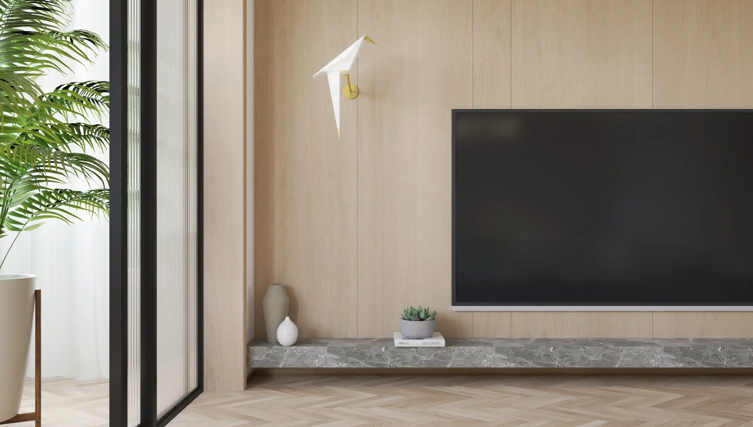 溫潤木紋電視牆板搭配特殊塗料