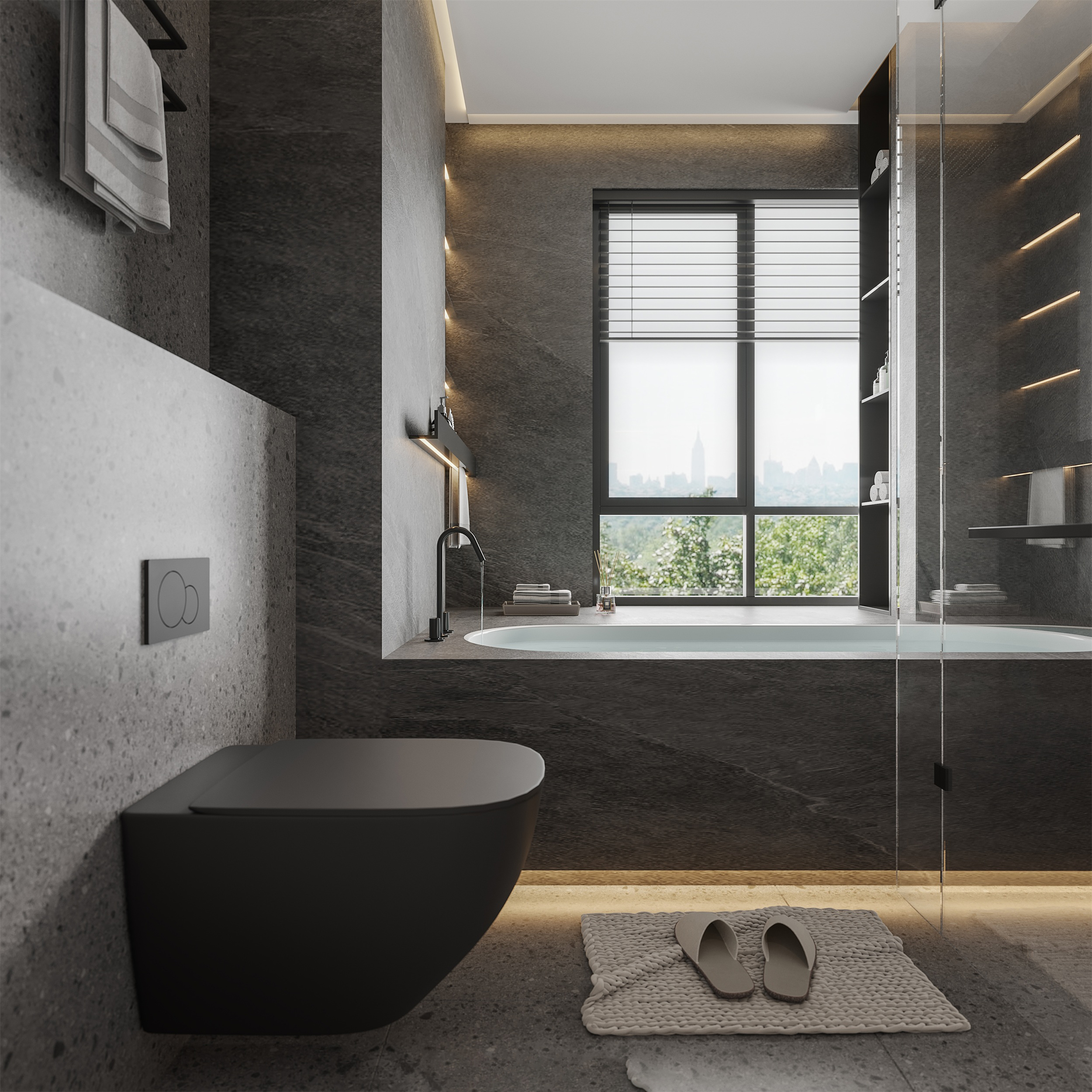 以黑灰色為主色調，搭配黑色五金及玻璃門以及線條燈管設計，凸顯出現代風格的浴室設計
