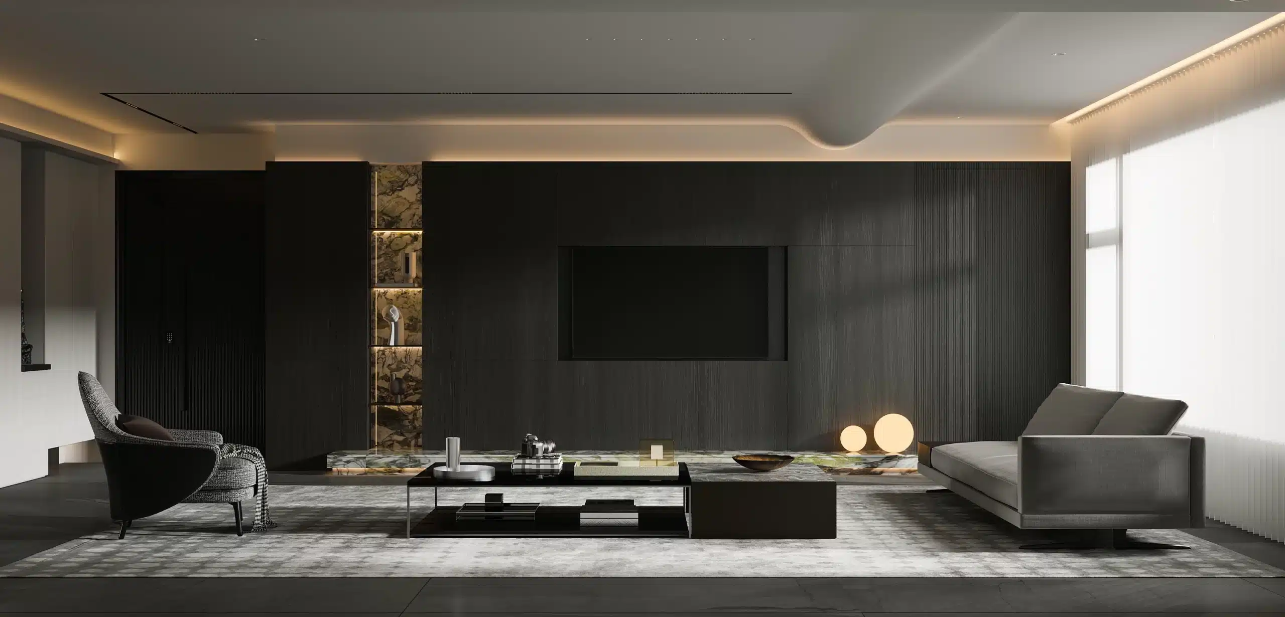 日式人文木格柵內嵌式電視背景牆設計