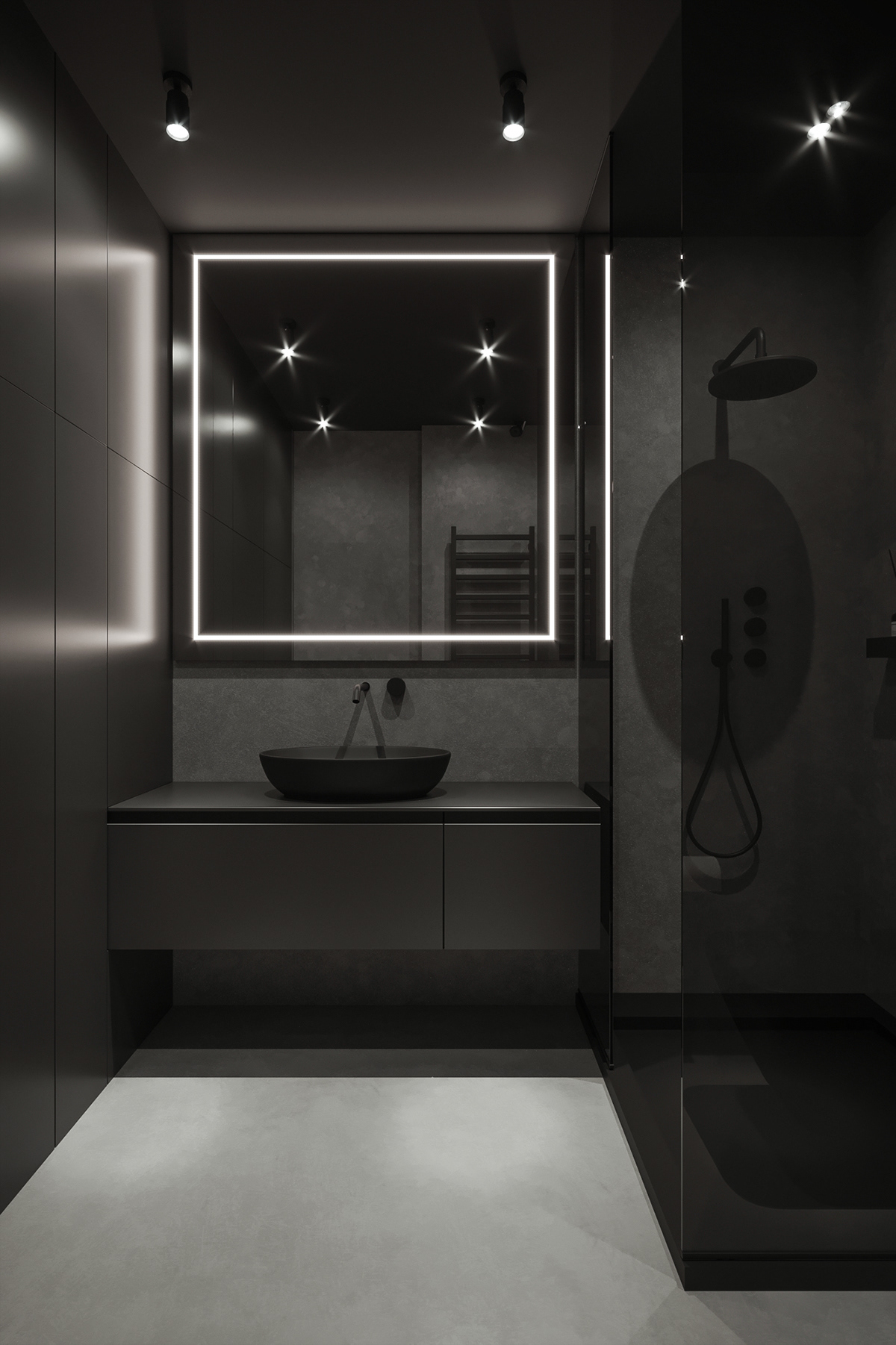 衛浴空間延續整體空間風格，帶有淡淡的憂鬱感卻質感滿滿