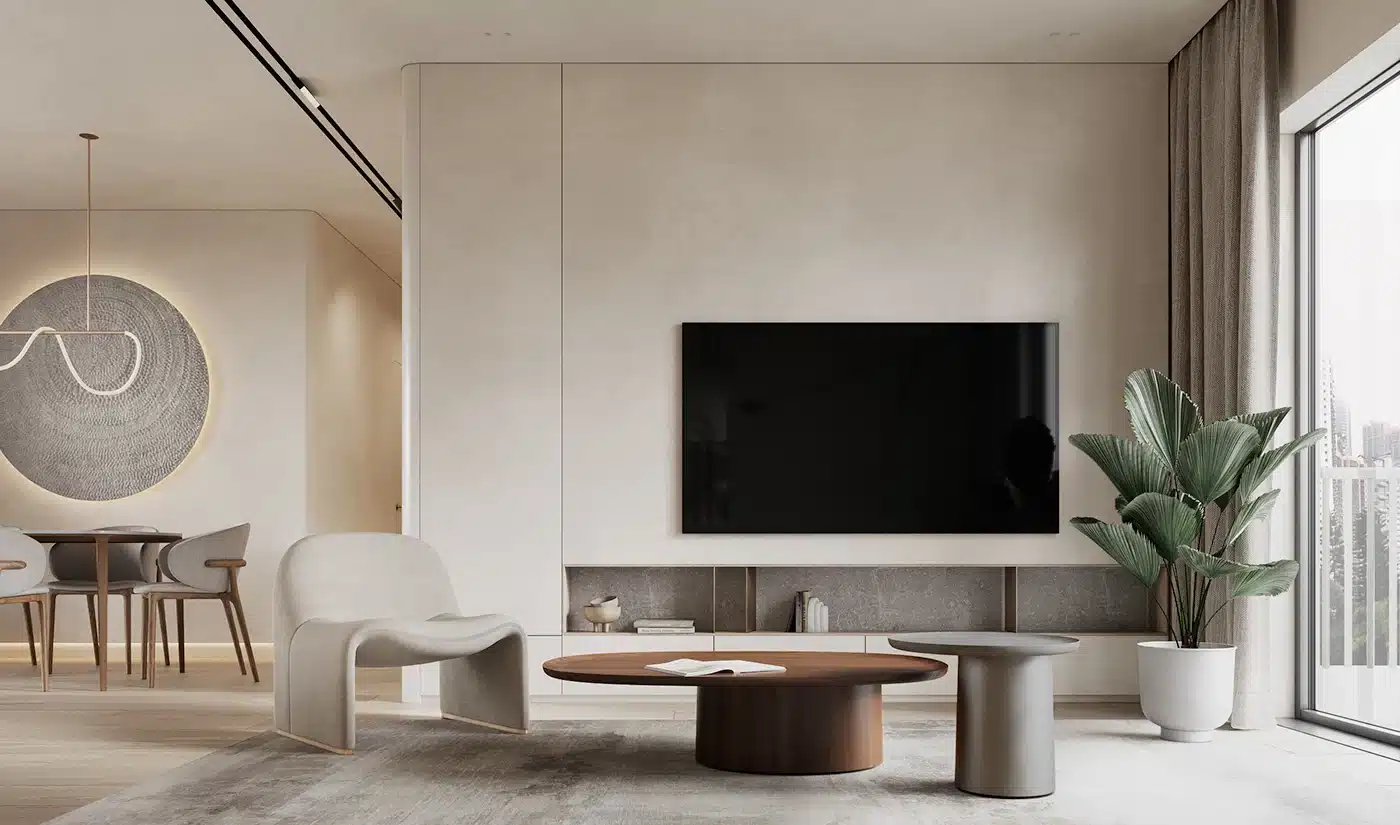 奶油風圓弧造型電視牆面