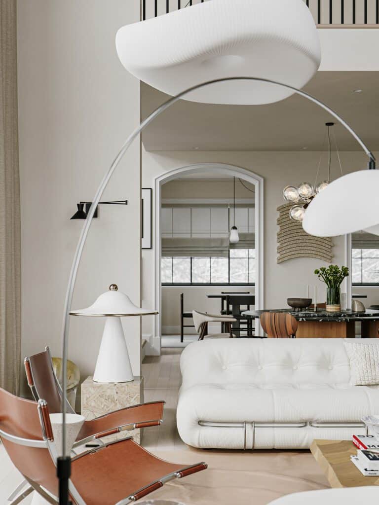 雲朵形狀的吊燈與沙發，搭配木質調家具打造的簡雅明亮客廳