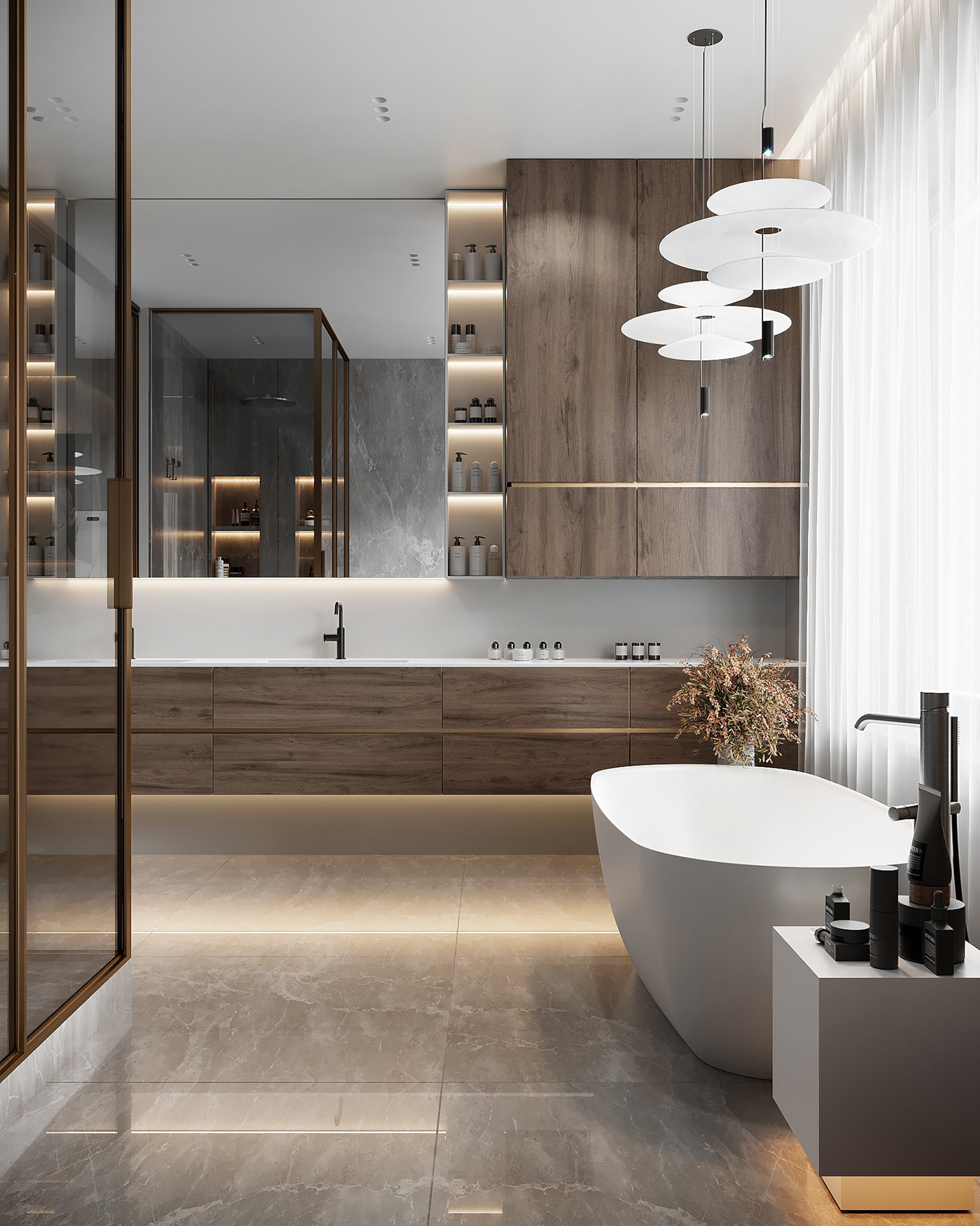 簡約原木風的大坪數浴室設計，充分利用牆面空間作為置物區