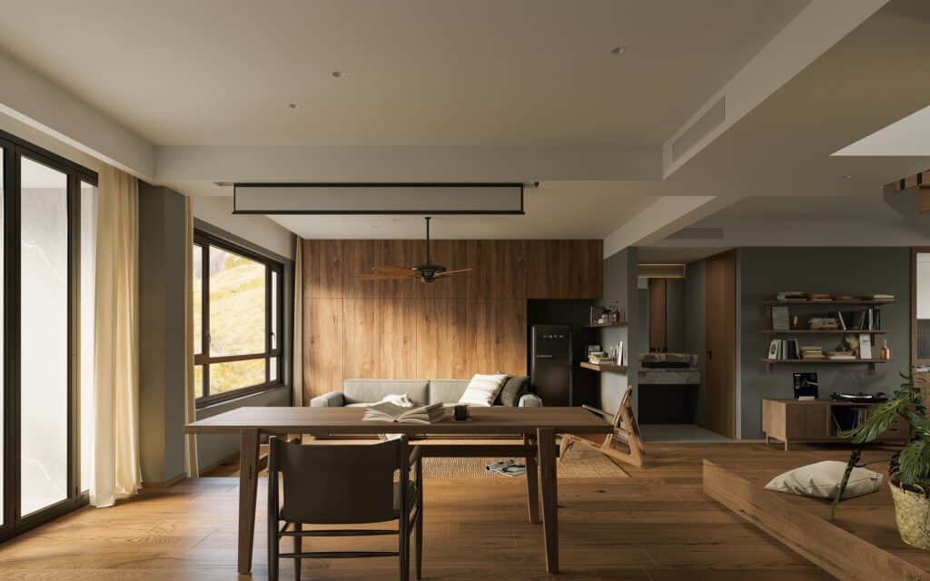 北歐風裝潢風格示意圖，自然採光原木色調客廳