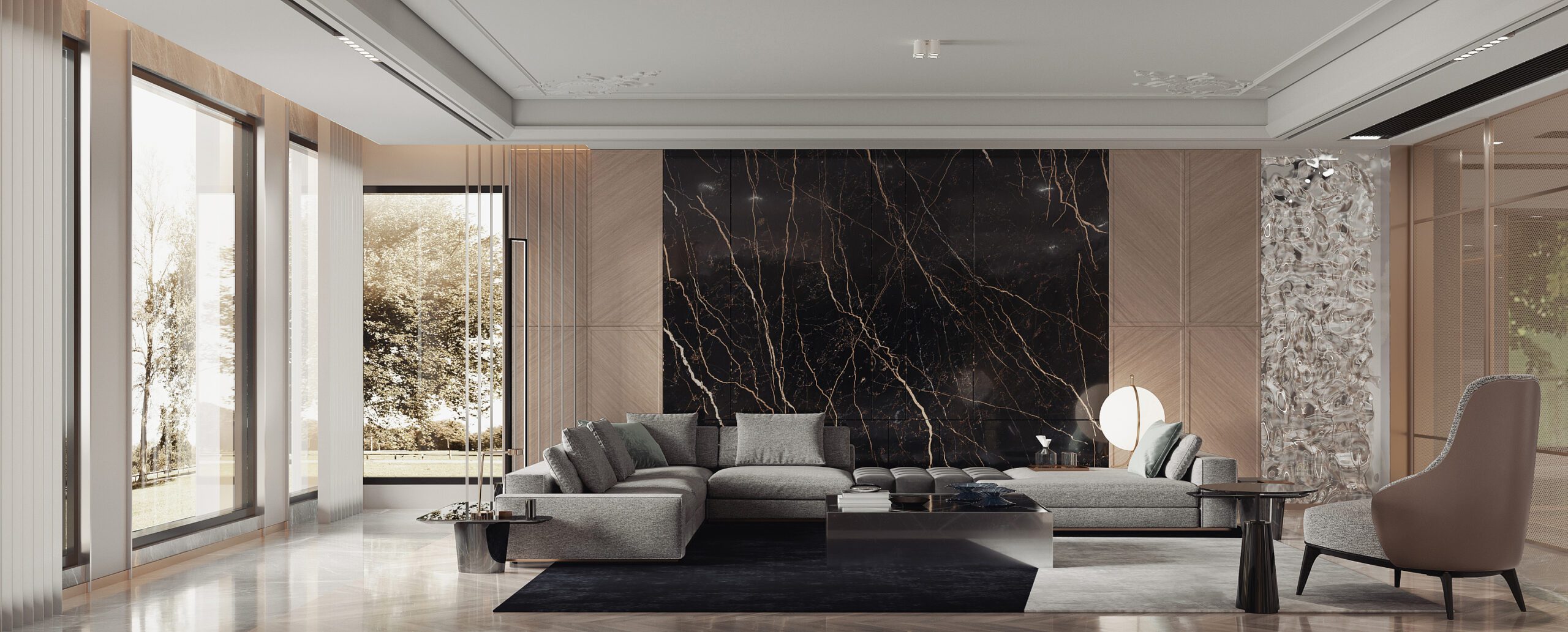 簡約輕奢風的客廳設計，高級實景落地窗及特色大理石電視牆，耐看不過時