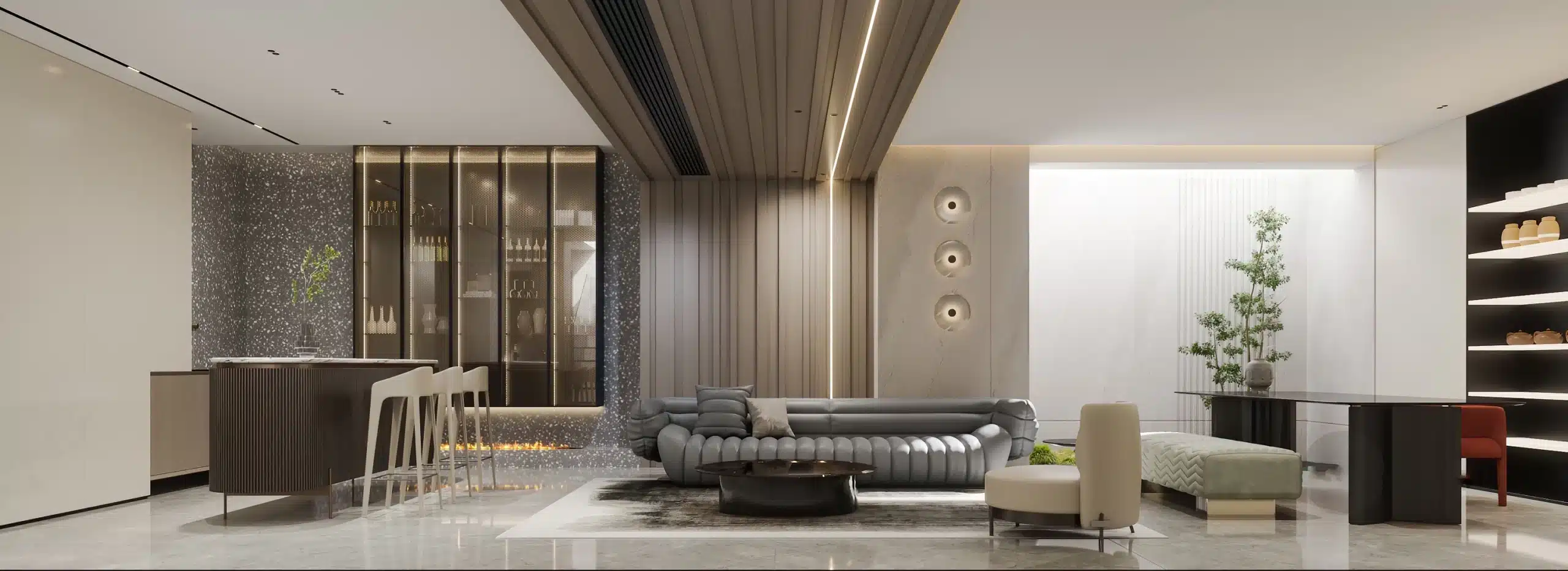 小坪數客餐廳開放式佈局實例，利用鏡面與通透材質增加輕奢風格的開闊感。