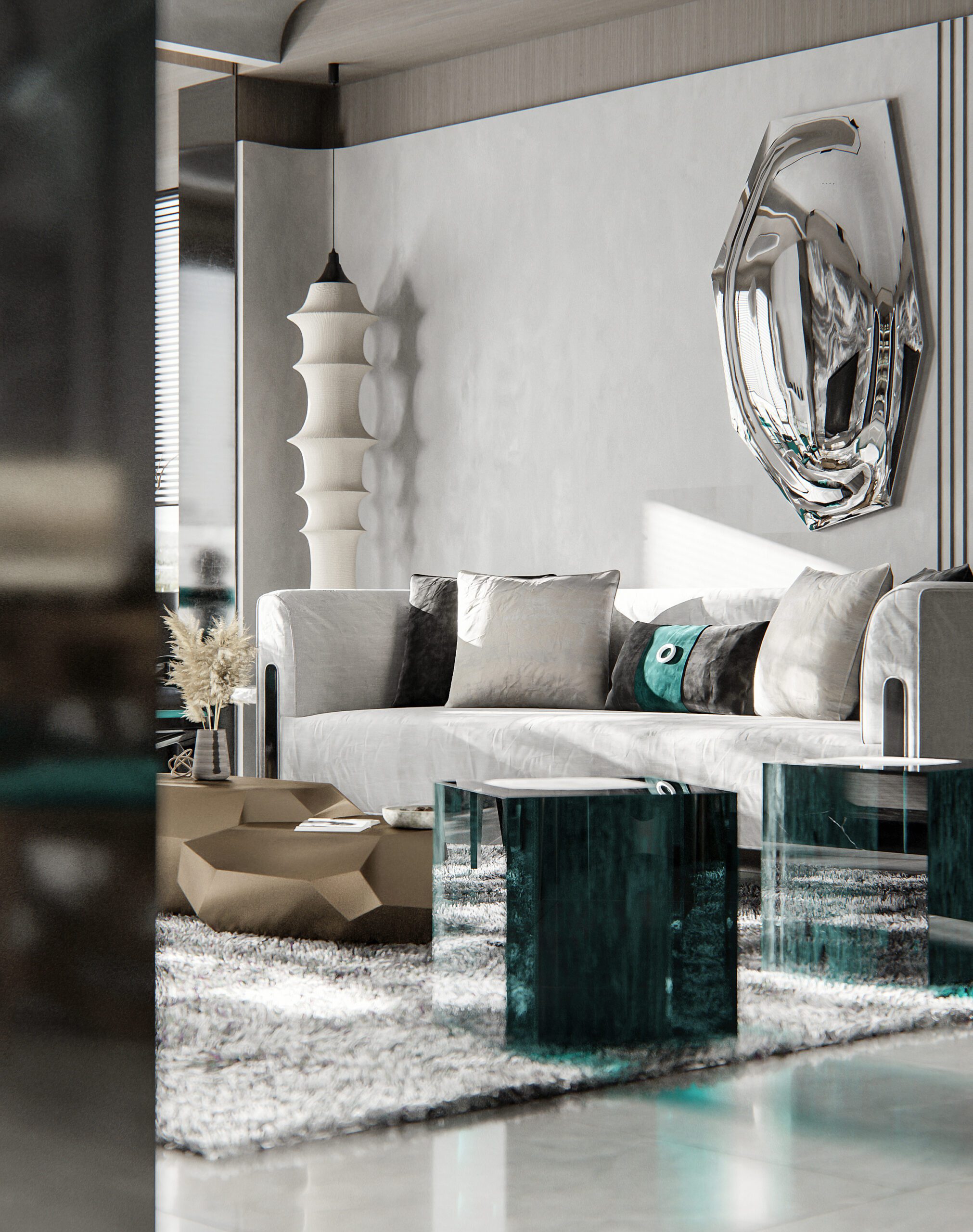 沙發和茶几採用低飽和度淡色材質，簡約而又溫暖，搭配淺亞麻窗簾，增添自然溫馨氛圍