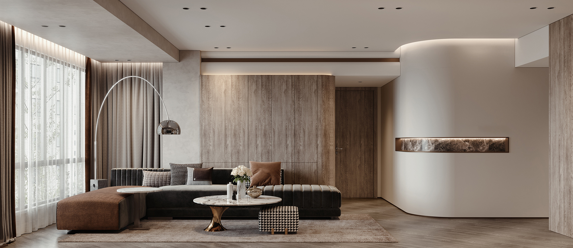 木質輕奢的客廳不同材質穿插交回，融合輕奢與原木的感覺