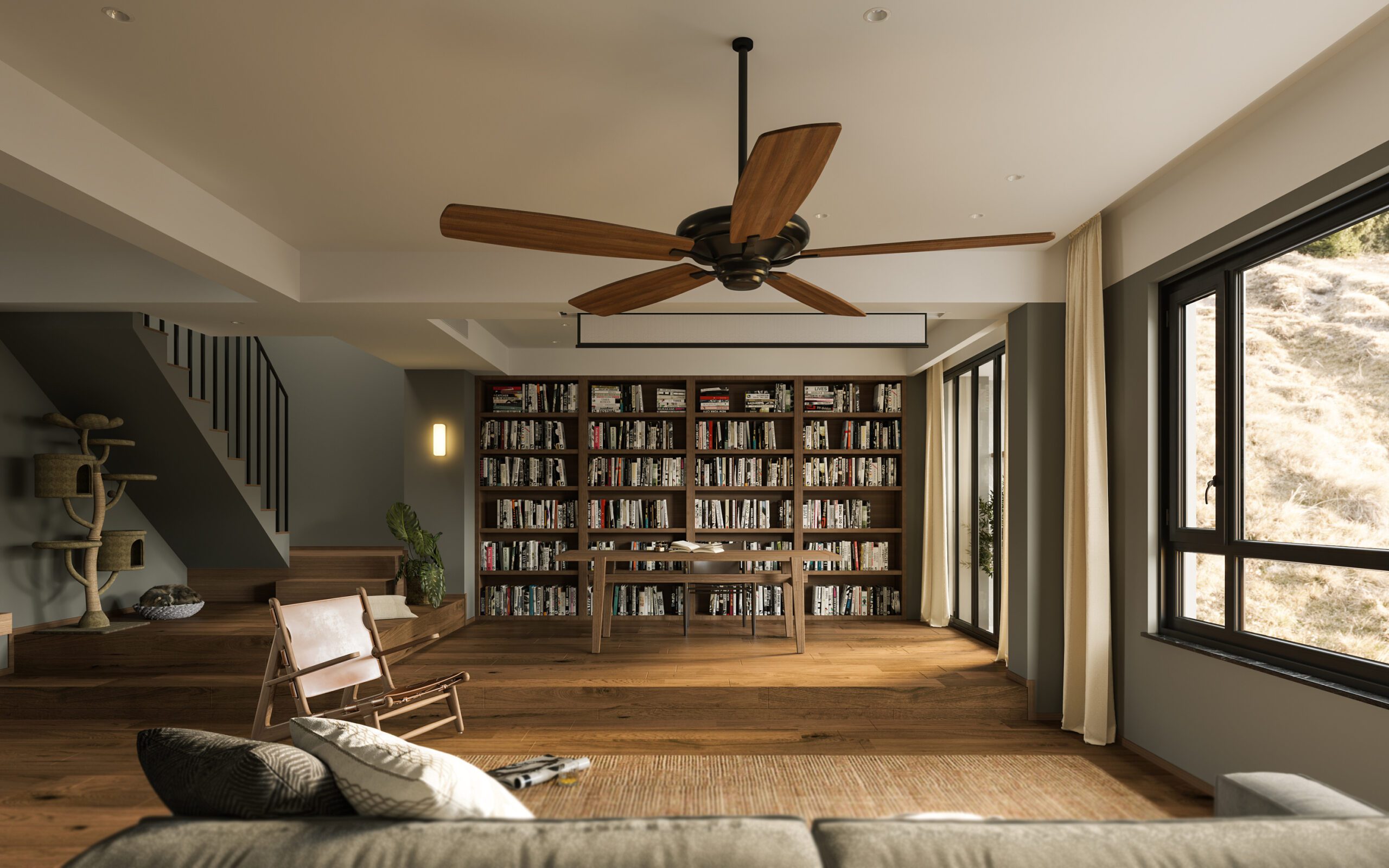 滿牆的書櫃設計，讓喜愛讀書的屋主可以好好的收納所有的書籍，主要以自然材質為主，自帶天然、溫暖、簡約的氛圍感