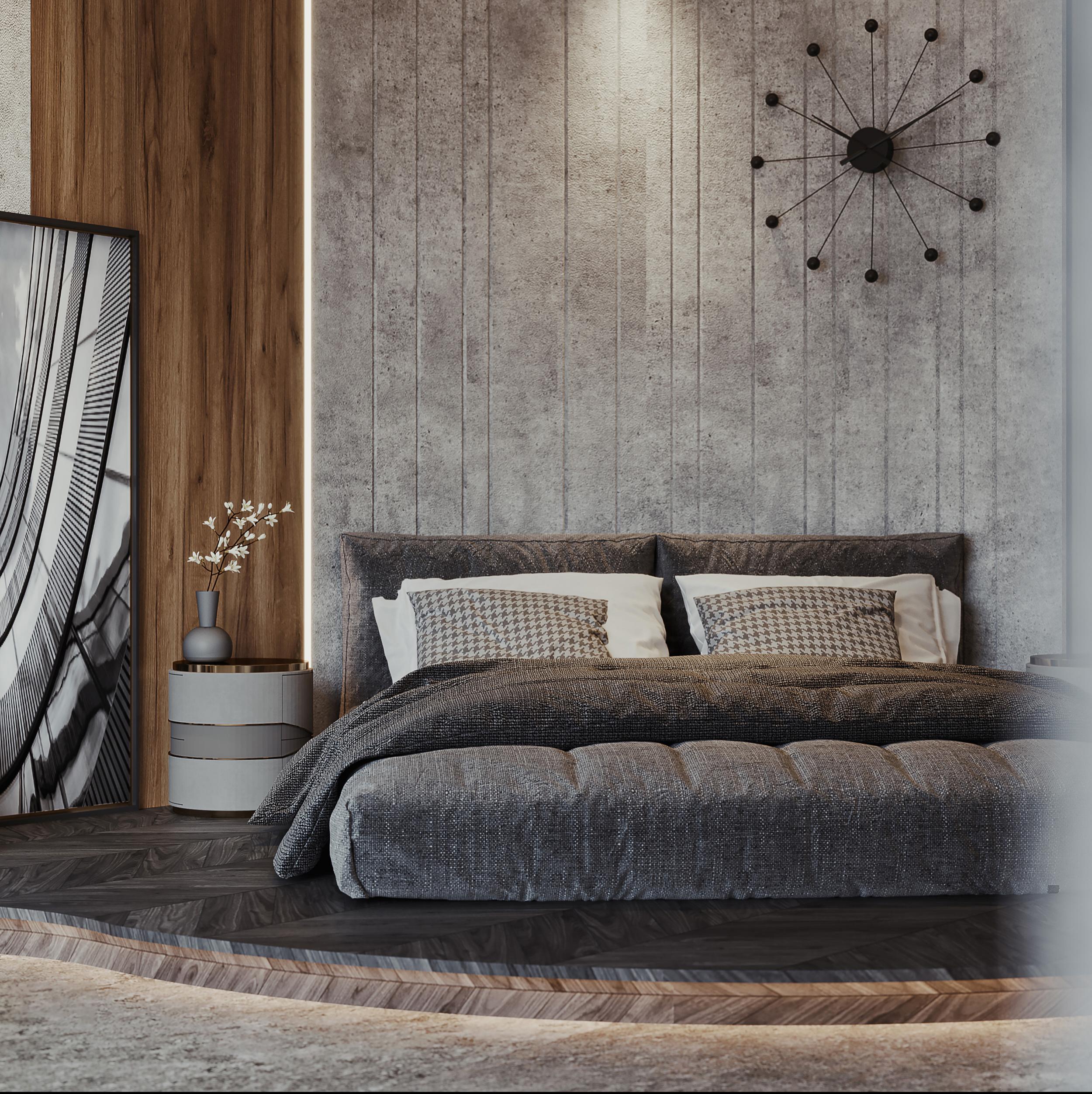 工業風的小臥室空間使用小臥榻的設計，上面擺放床墊，不僅增加工業風的氛圍，也讓空間更大了