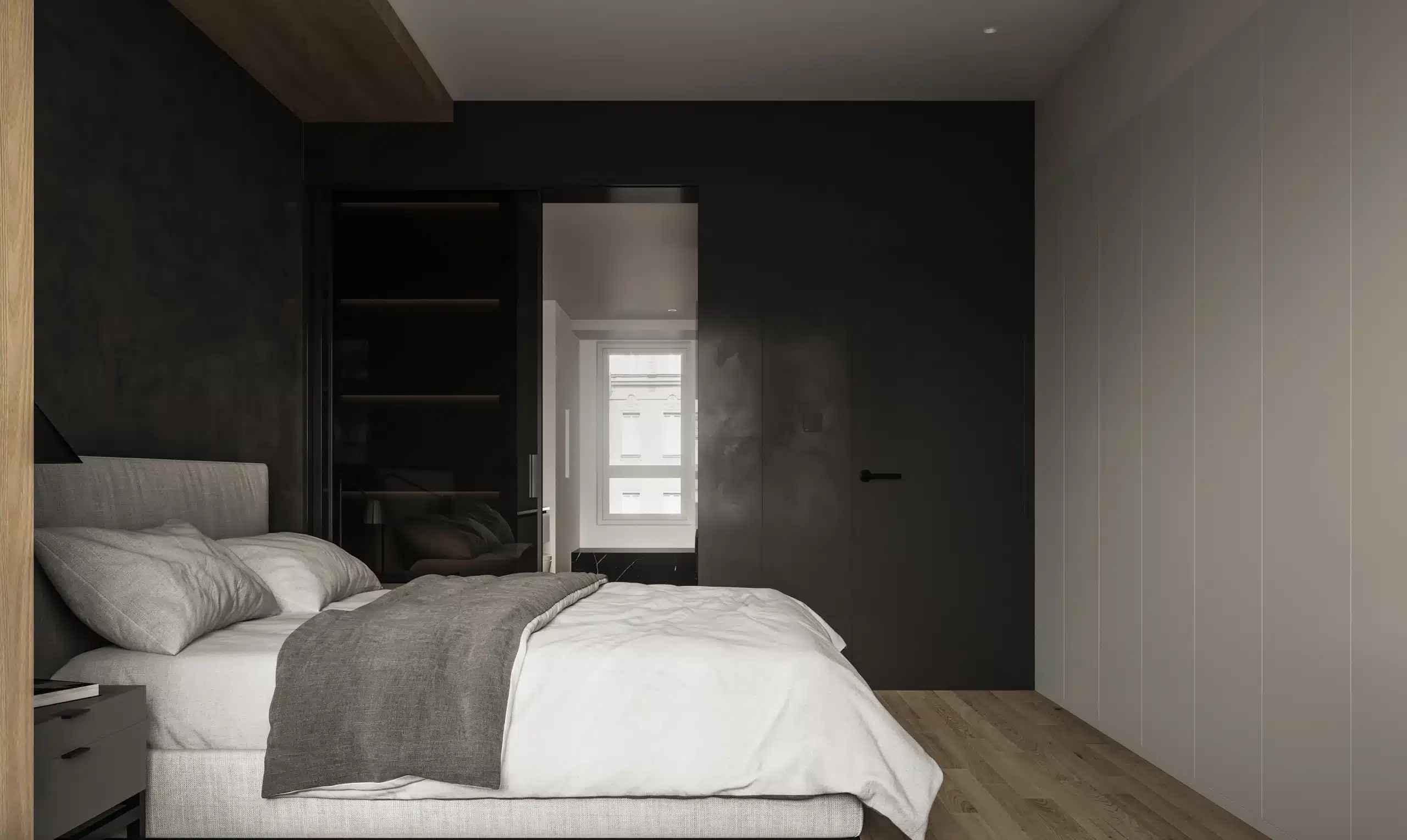 在衣櫃門片或牆面嵌入鏡面材質,透過反射延伸視野,打破狹窄格局的壓迫感。