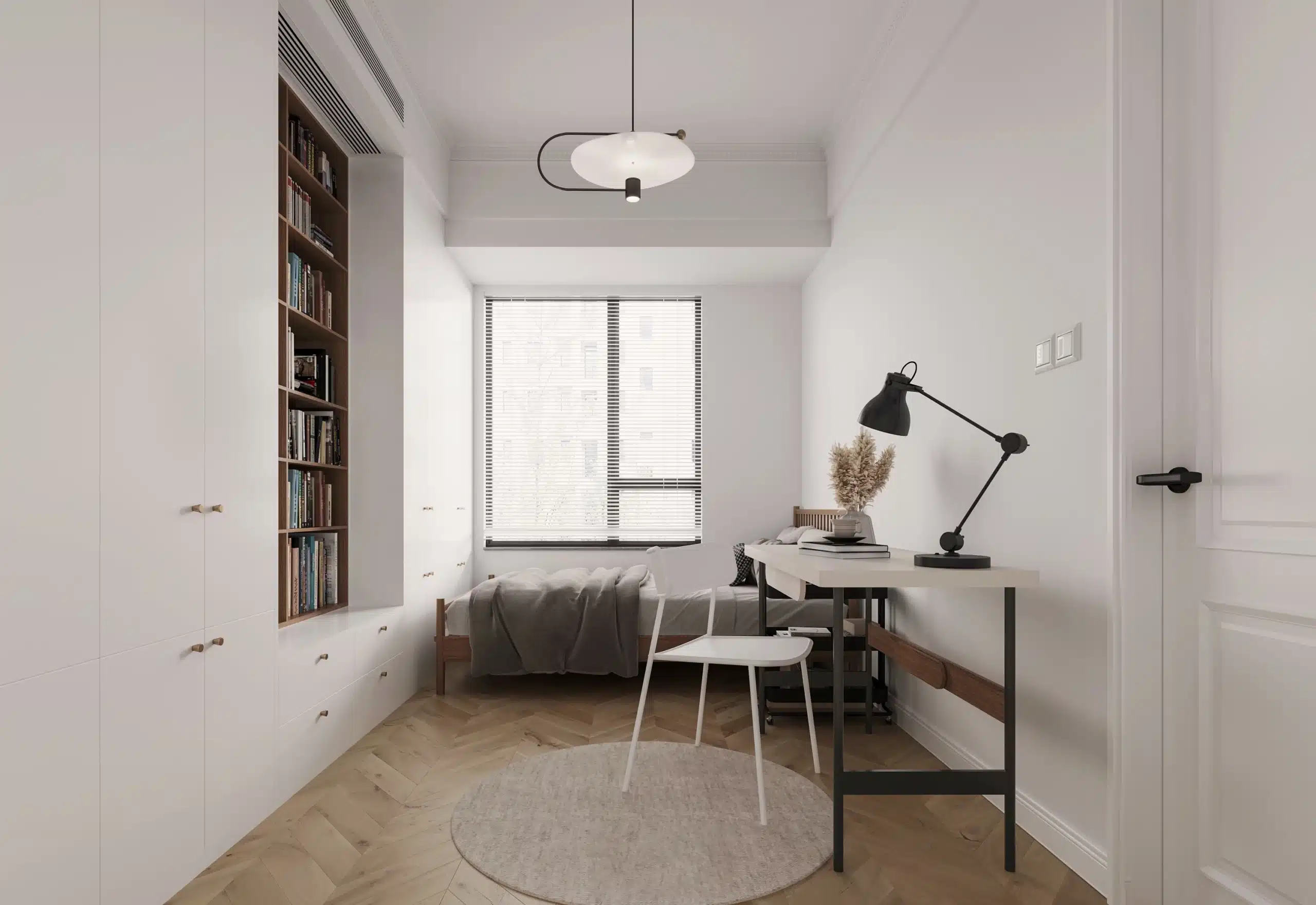 :展示無床架臥室設計與架高地板下的隱藏式抽屜收納,有效增加儲物機能。