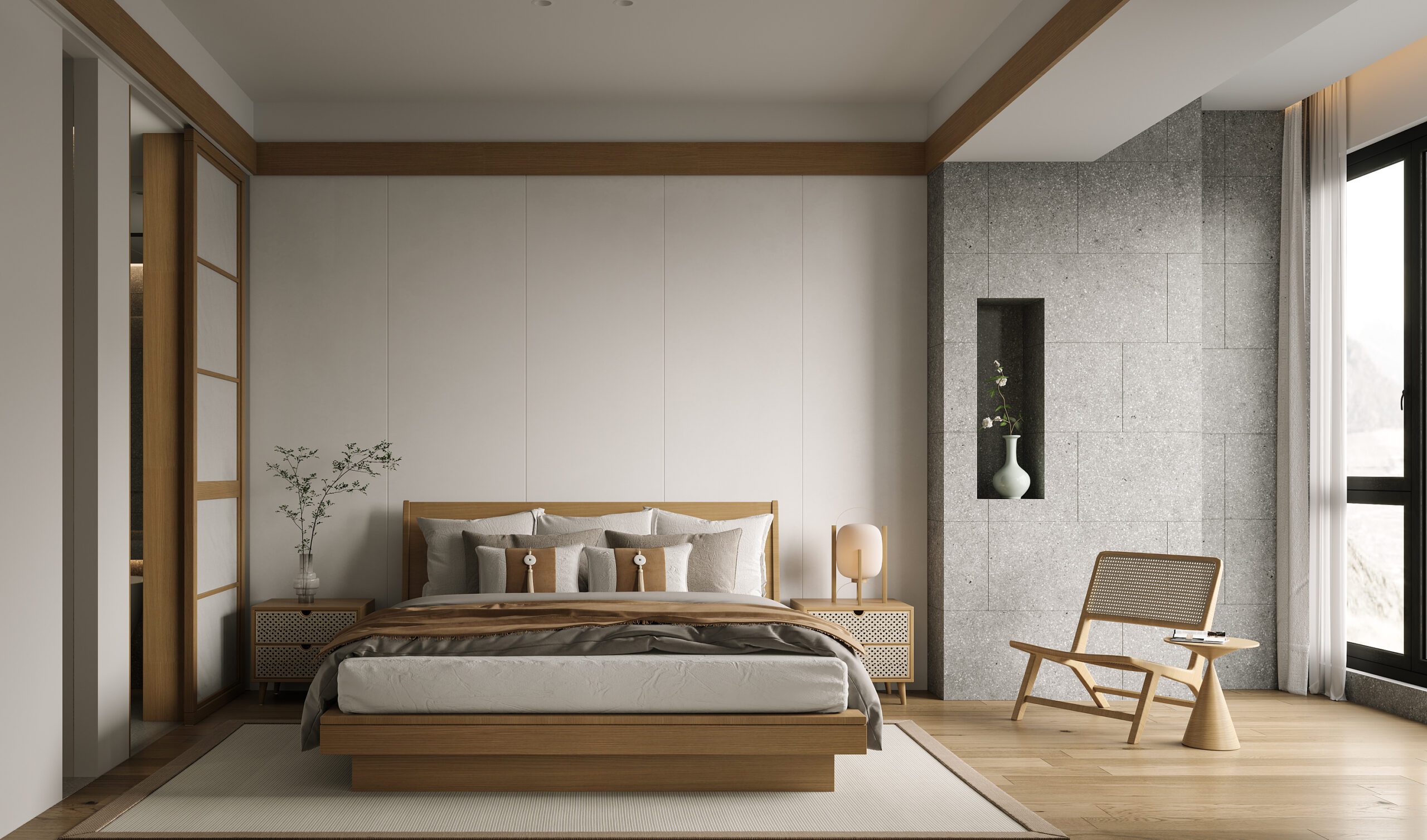日式鄉村風格的臥室設計，選擇原木家具和自然材質，打造舒適宜人的空間