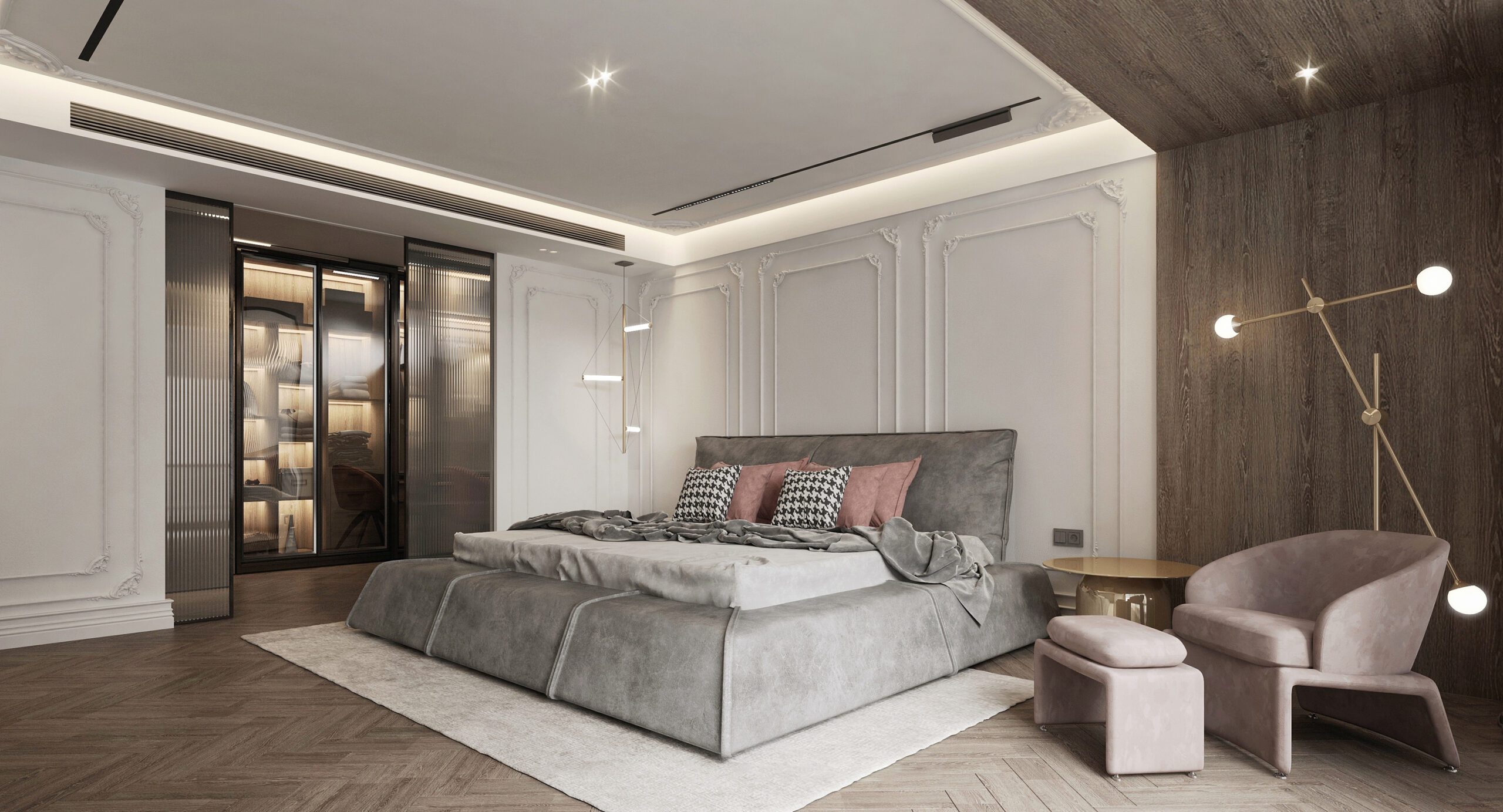 中性的輕法式設計讓臥室減少過多的裝飾，咖啡色與奶油色的碰撞讓臥室充滿浪漫的感覺