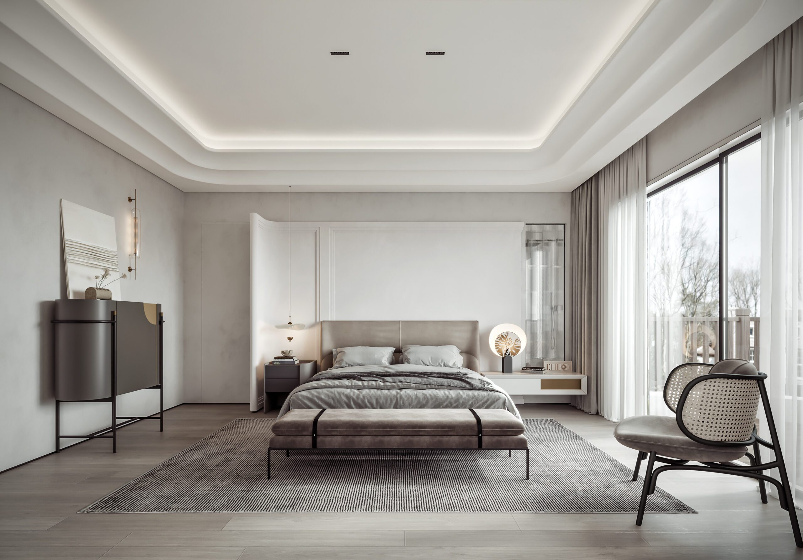 現代風臥室在整體色系中採用暖白色，這樣可以為房間帶來溫暖和舒適的感覺