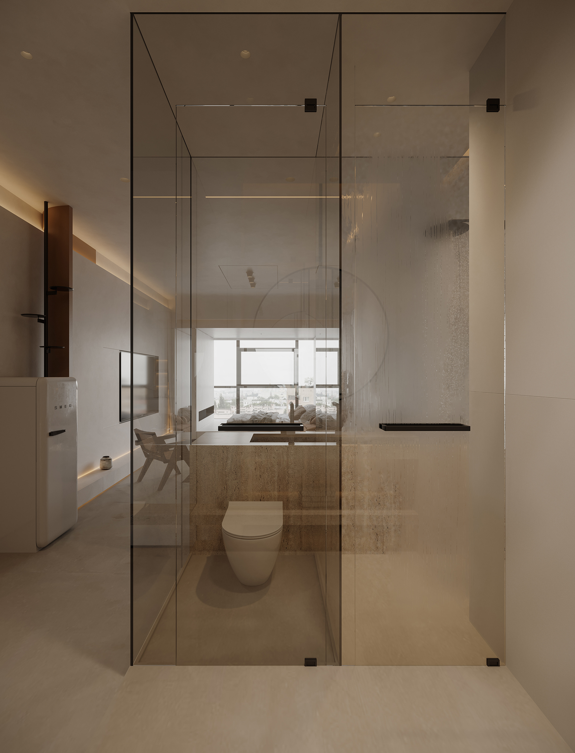 衛浴空間搭配電控玻璃，也可以擁有很好的隱私性