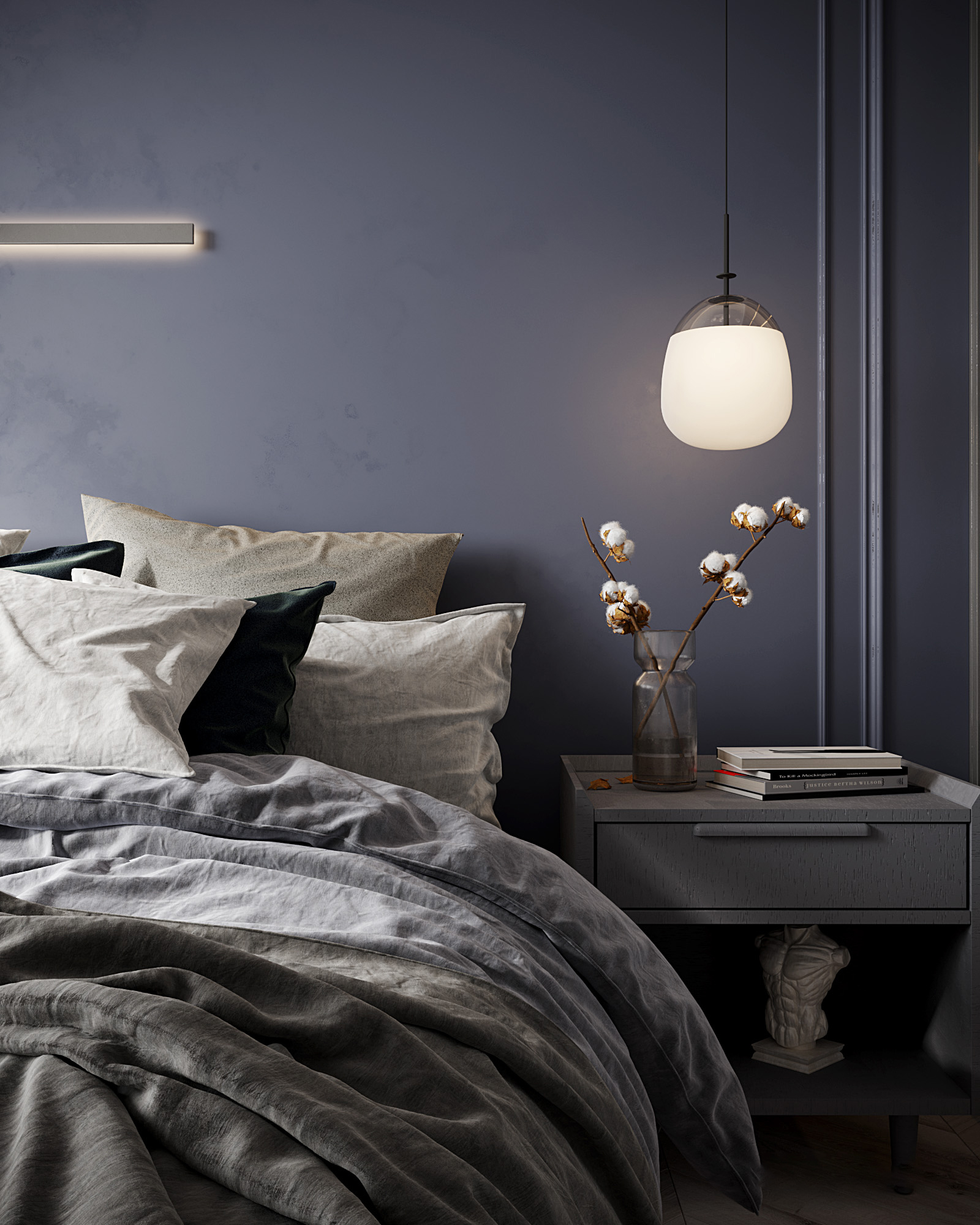 床頭燈具應選擇色溫和同空間一致的燈具，溫馨又有腔調的臥室必然有一盞壁燈或吊燈