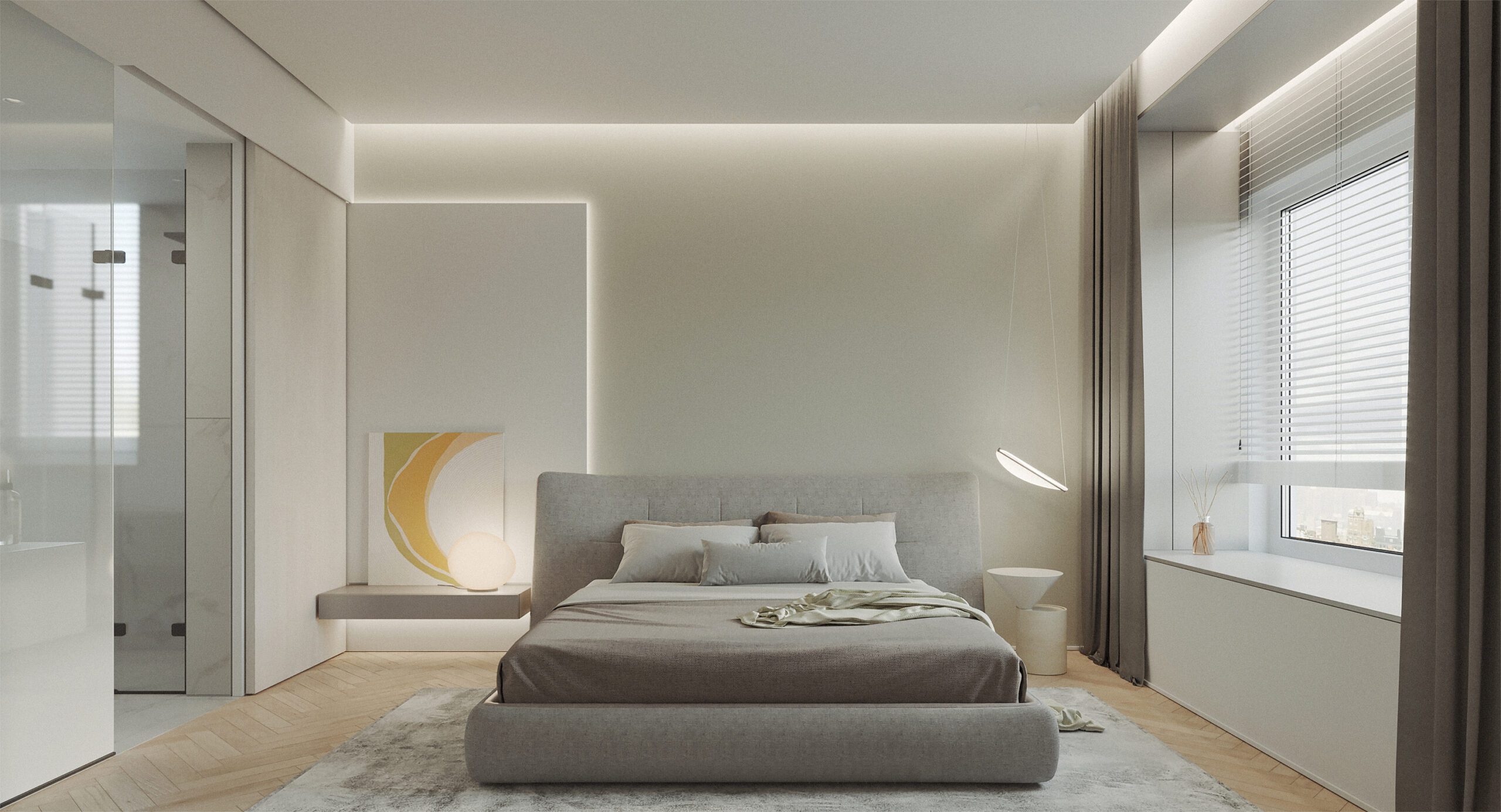 平頂搭配超薄磁吸軌道燈和偏光洗牆燈簡約實用；居中採用射燈更具設計感