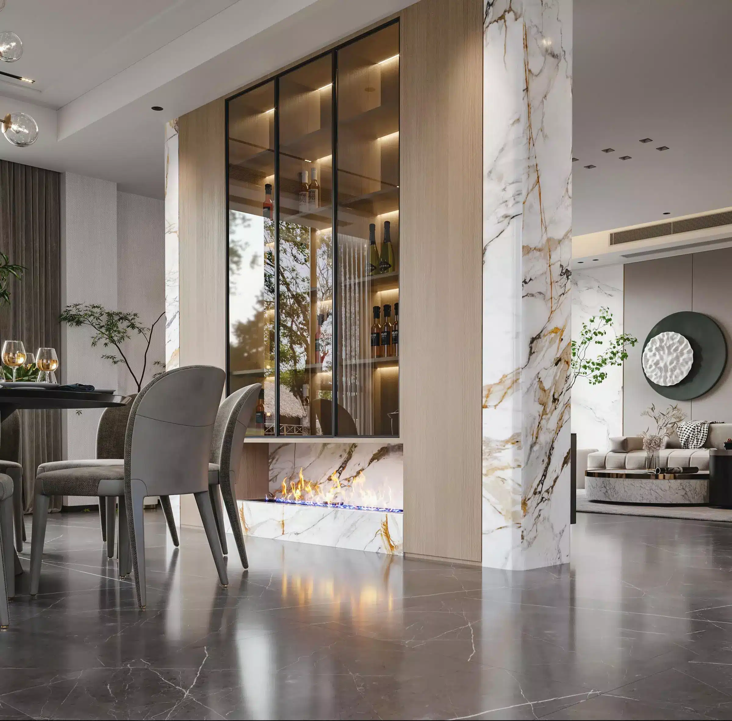 結合電視牆的複合式酒櫃設計，玻璃門片與石材背景的視覺平衡。
