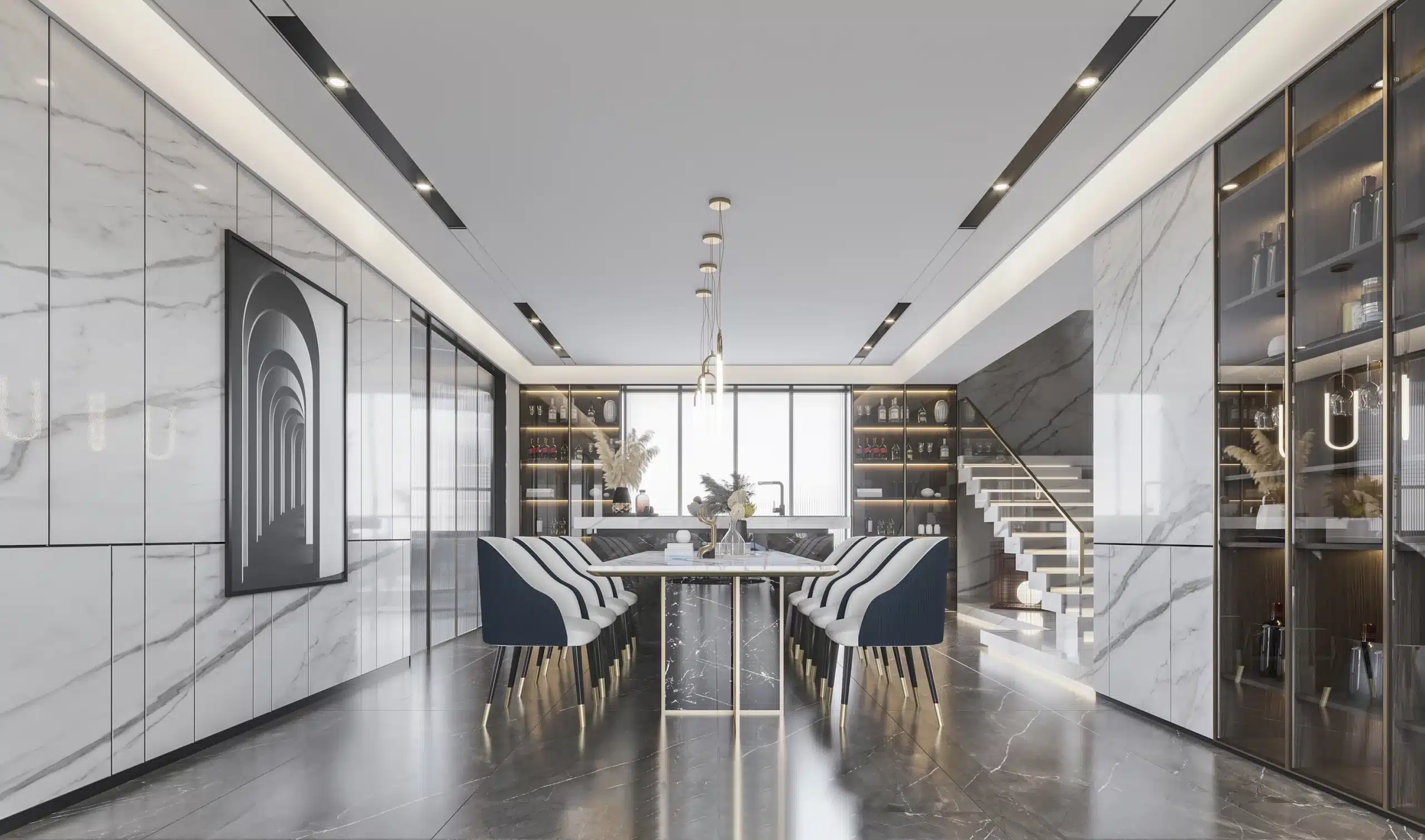 現代輕奢風客廳酒櫃設計，展示黑玻璃門片結合鍍鈦金屬飾條與隱藏式線性燈帶，營造低調奢華的品酒氛圍。