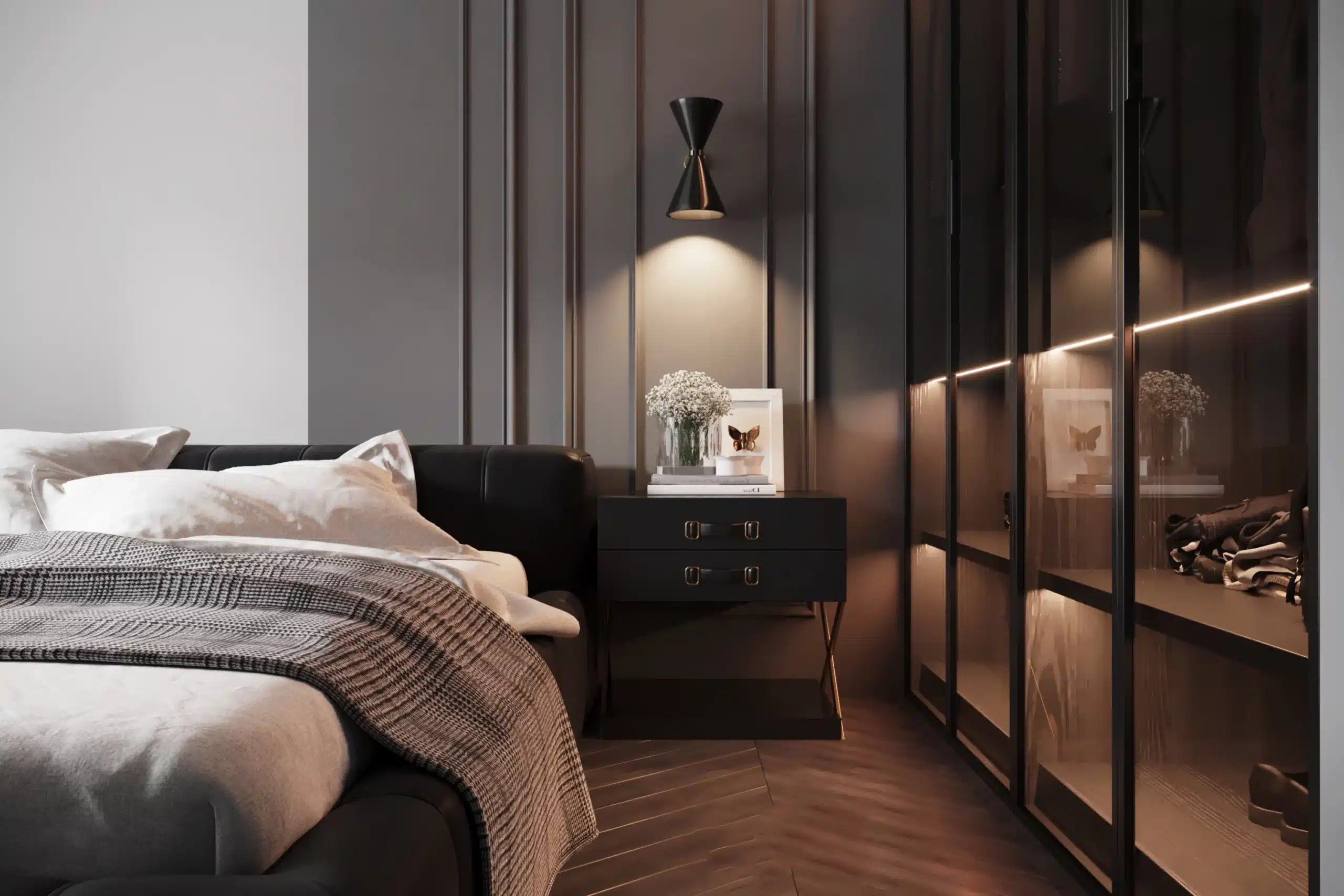高級感臥室裝飾照明實景：利用床邊燈搭配衣櫃燈條，透過分層燈光配置提升空間美學與入夜後的療癒氣氛。