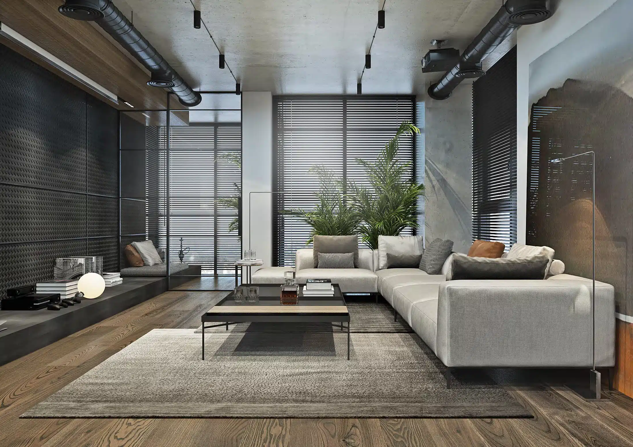 工業風軌道燈細節，黑色金屬質感燈飾與水泥天花板裝潢