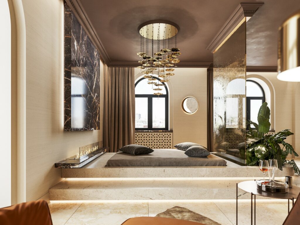 spa會館的貴賓室，獨立衛浴及休憩規劃，帶有度假風格的溫暖配色與天然材質搭配，暨高級又讓人放鬆的spa空間