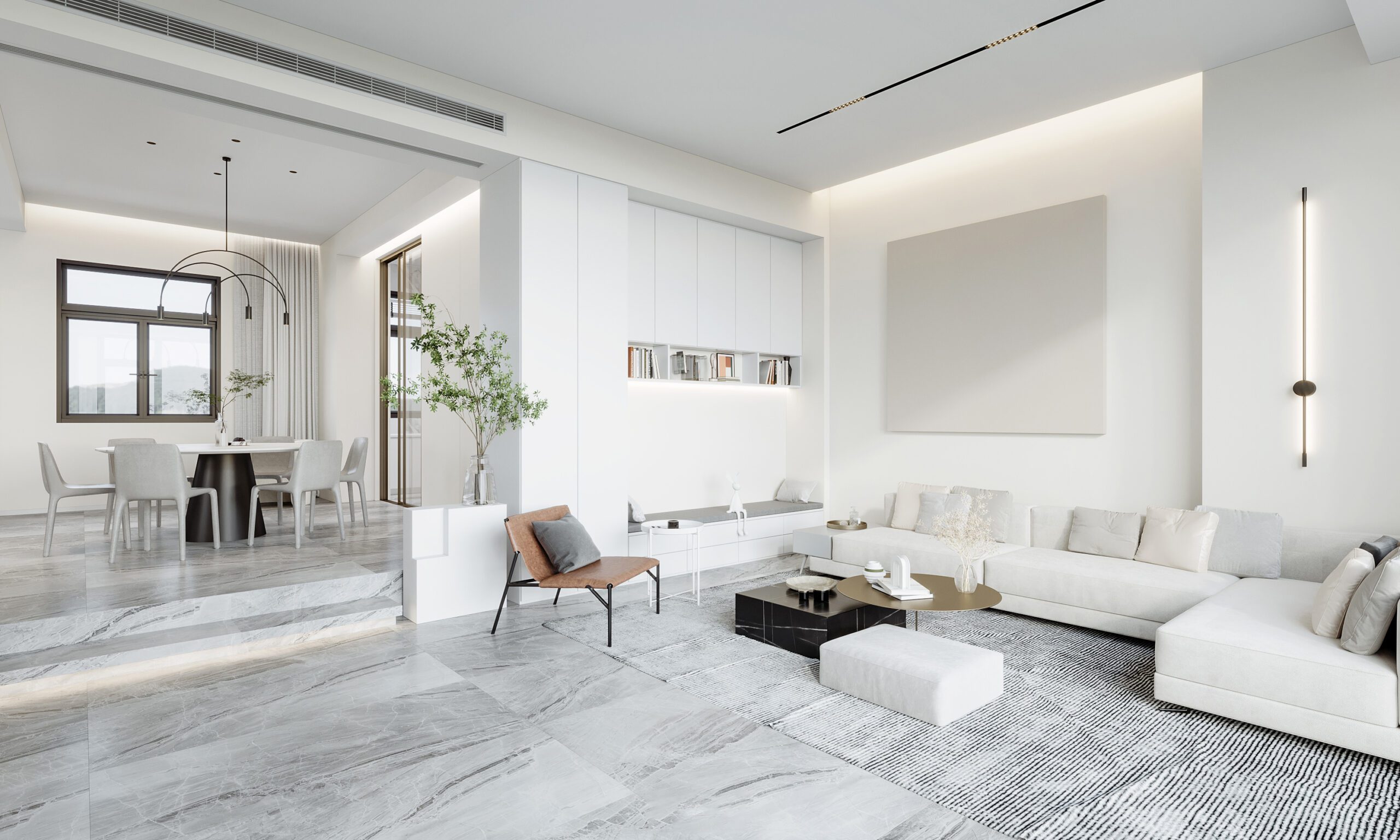 別墅設計分享,極簡奶油白開放式客廳