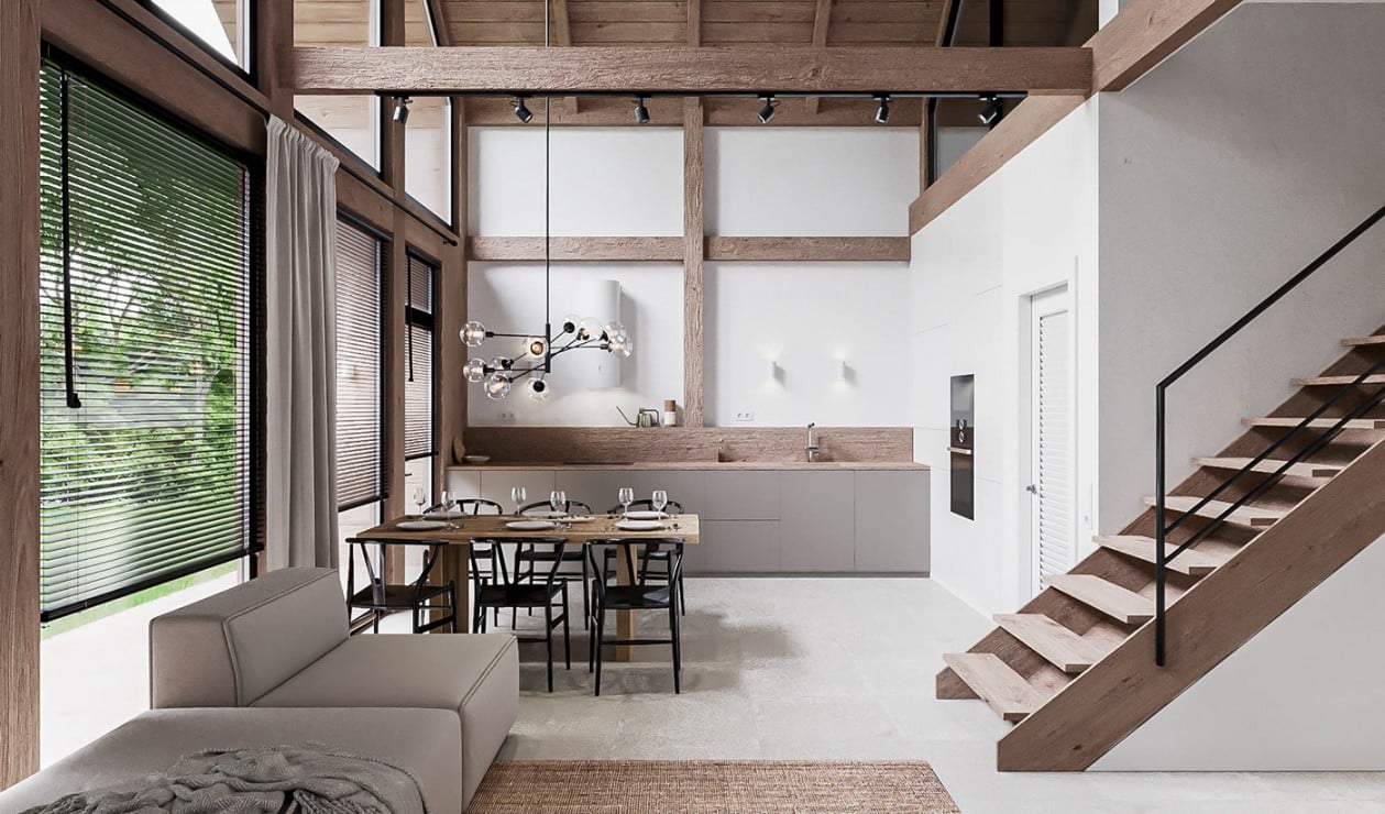 別墅設計風格分，北歐風木質調開放式客餐廳