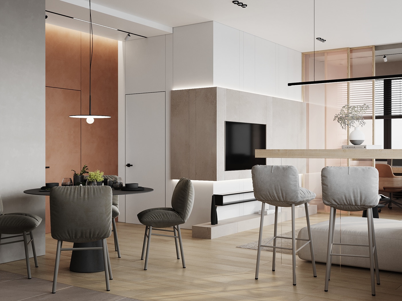 灰米色調，現代混北歐風開放式客廳