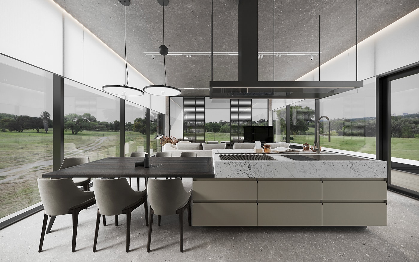 別墅設計風格分享圖,灰調玻璃牆面客廳