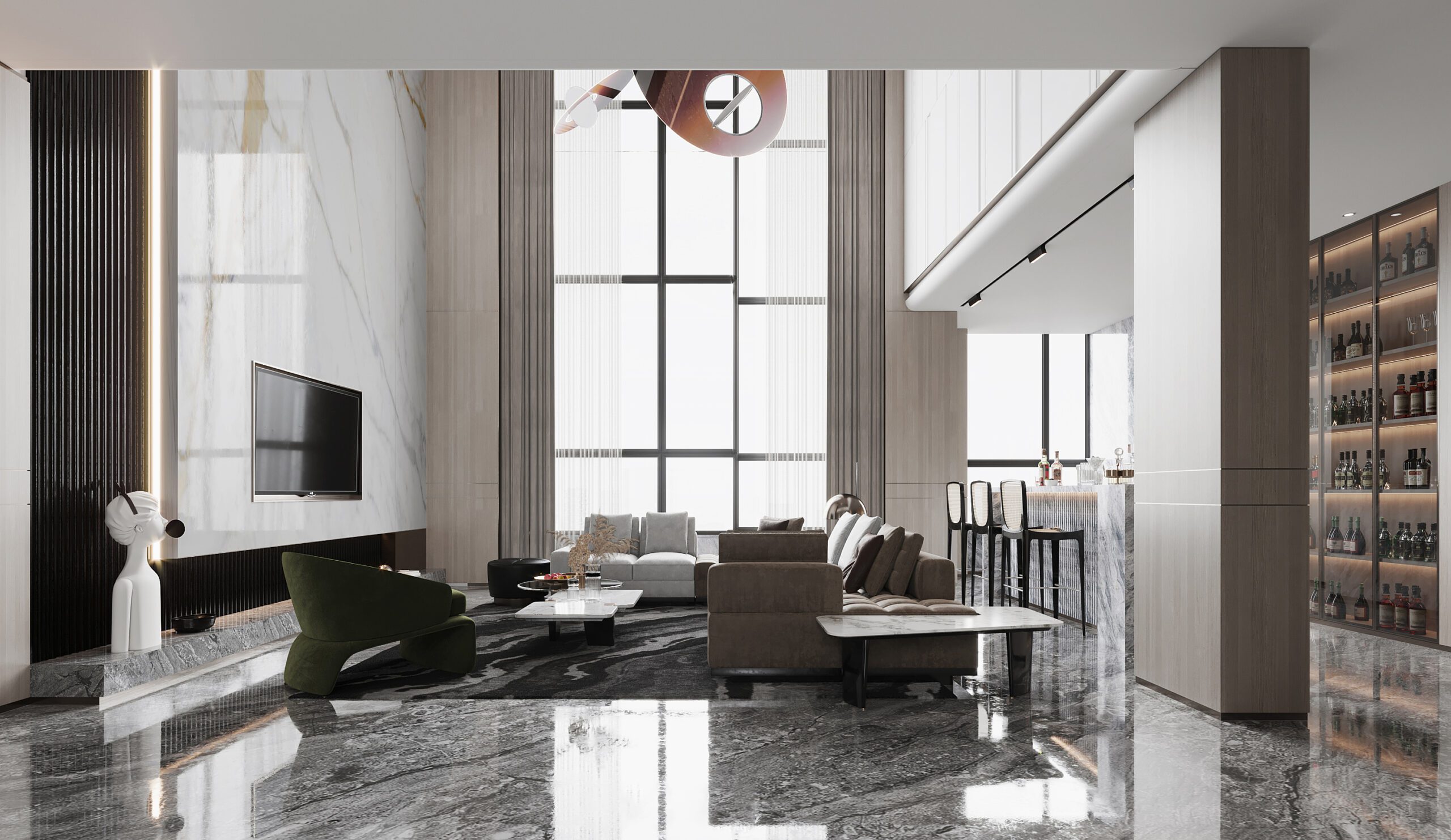 挑高現代風大理石奢華客廳