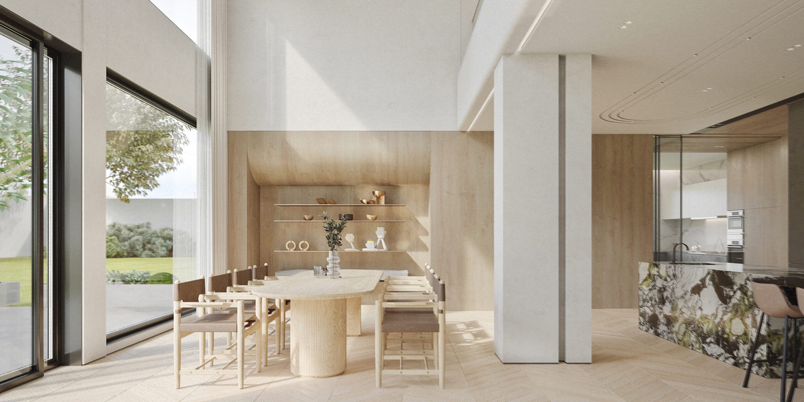 北歐風室內設計範例： 淺色木質地板、大面積採光與白色牆面構成的溫馨北歐風客餐廳。