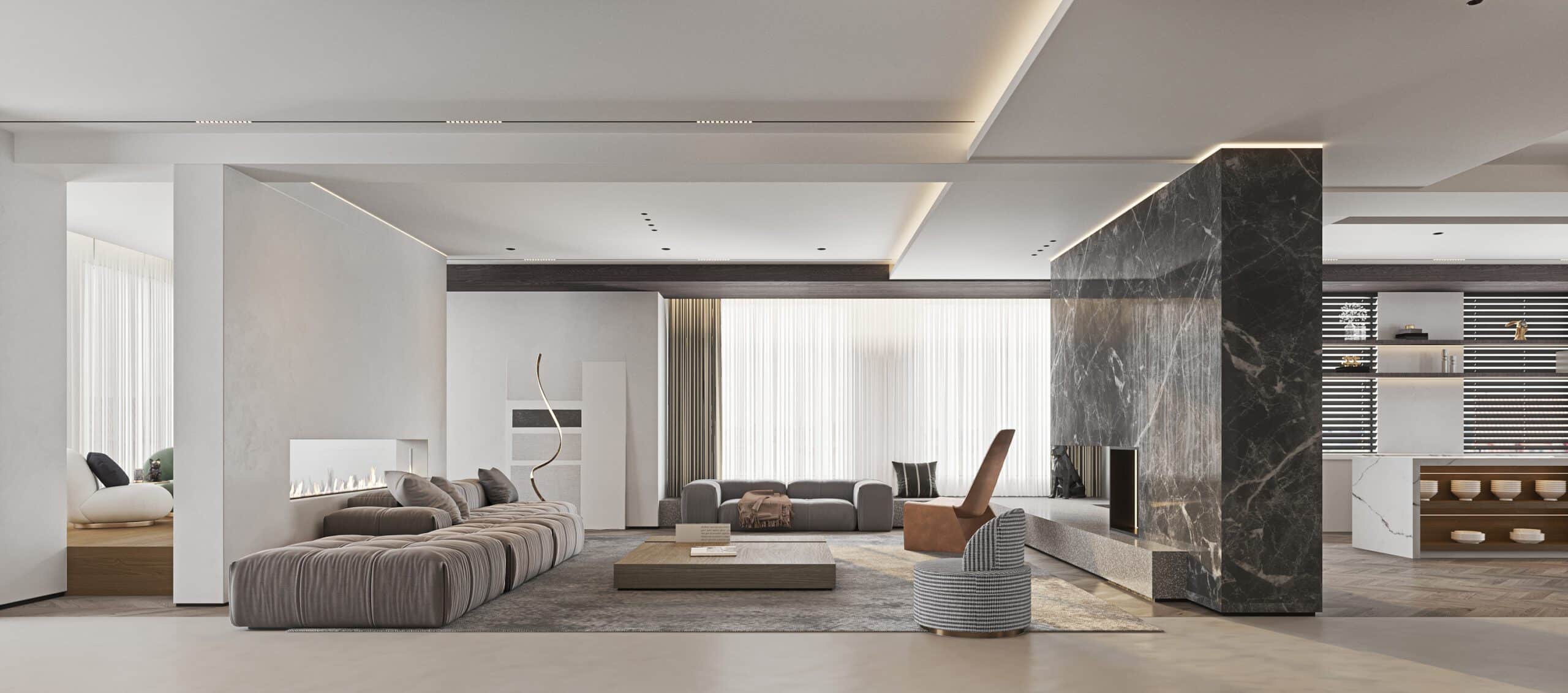 室內設計風格分享圖,極簡灰米色調搭配花紋大理石的開放式客餐廳