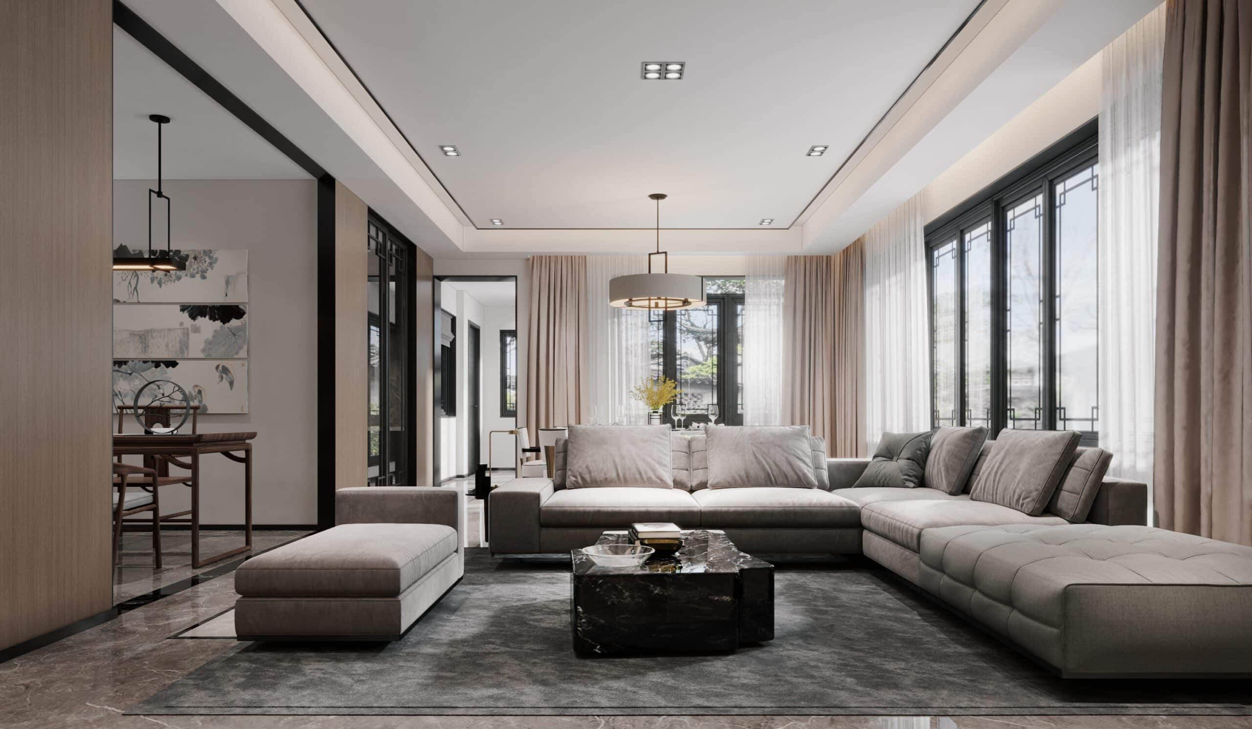 別墅設計風格分享圖,新中式採光客廳