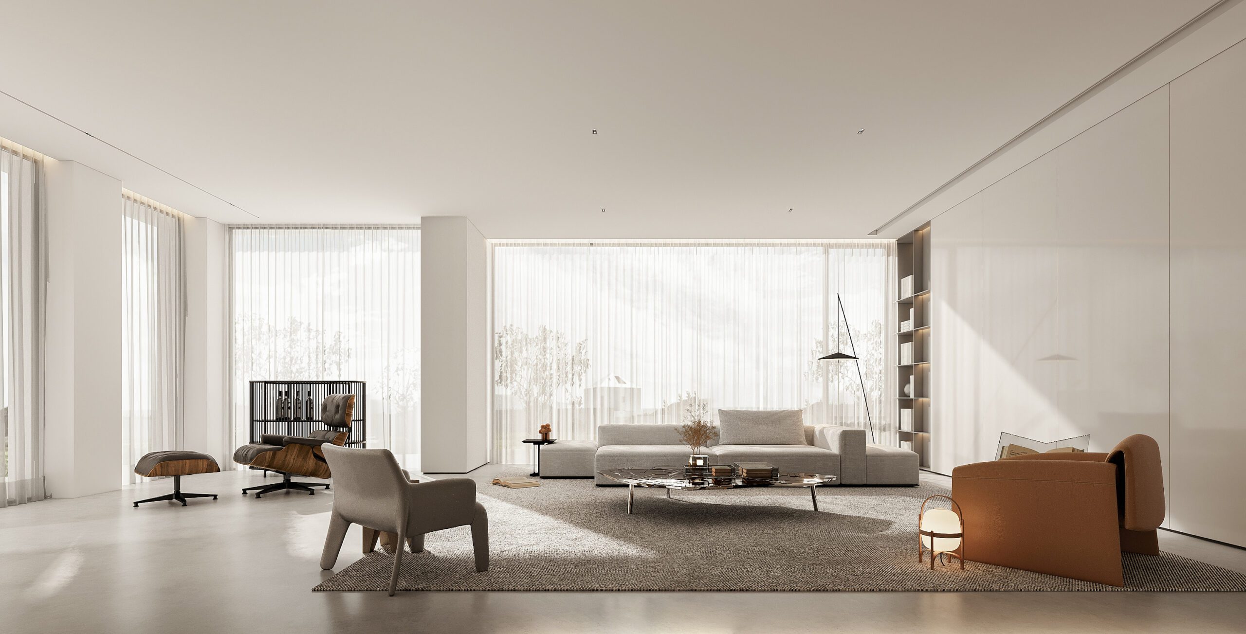 別墅設計風格分享圖，大採光極簡灰調開放式客廳