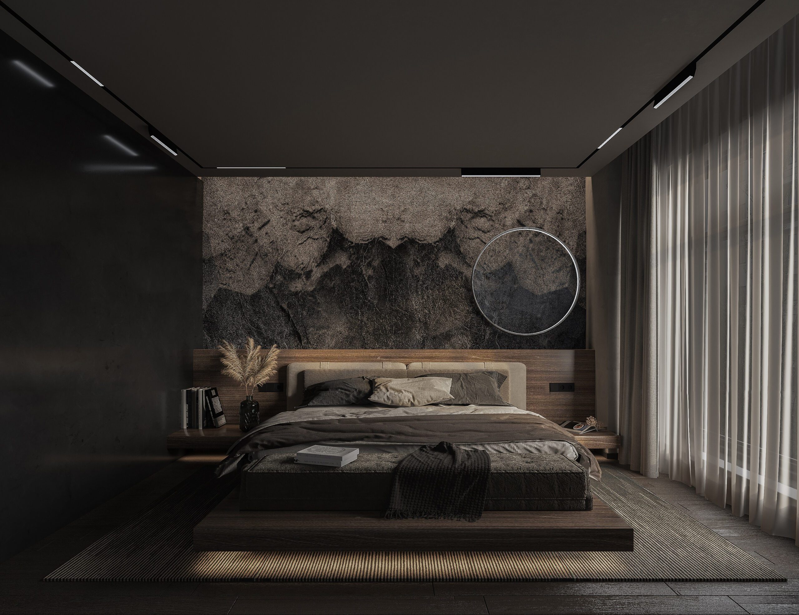 侘寂風特殊石牆黑灰調臥室