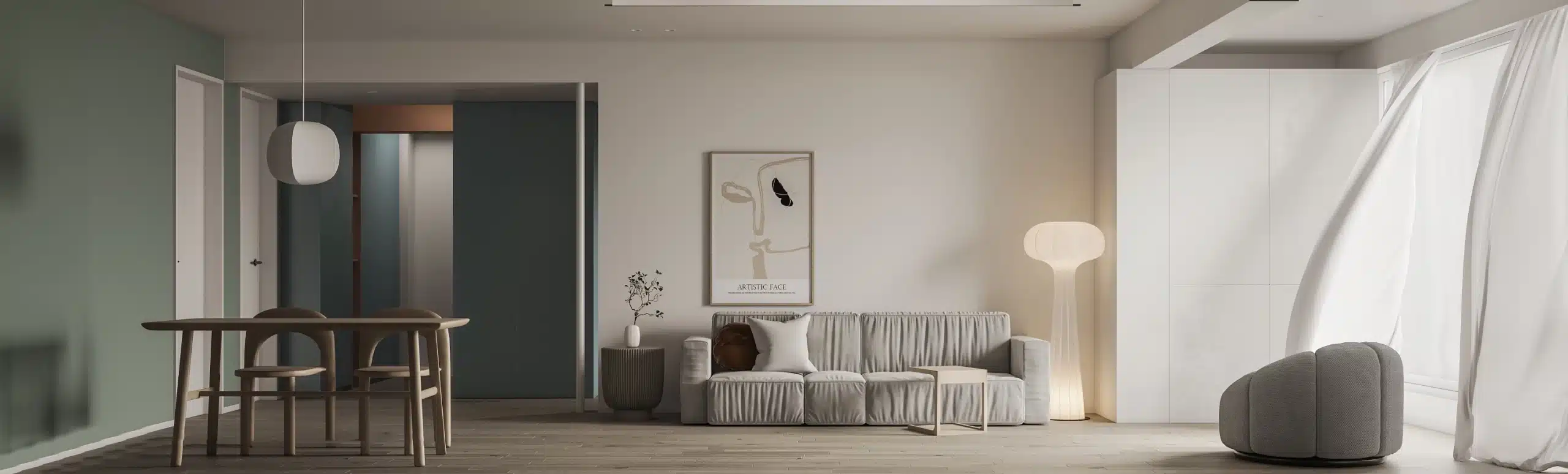 北歐風室內設計示範:展現純白與冷灰基調的明亮採光,強調機能主義與「Hygge」式輕盈秩序感的客廳佈置。