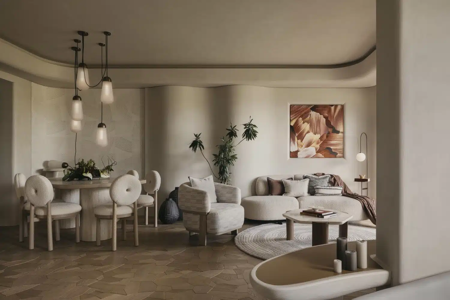 侘寂風小坪數客廳設計：展示暖米色系藝術漆牆面與低矮沙發的延伸感空間。