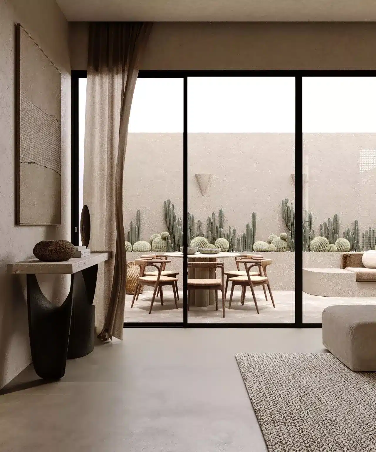 台灣居家窗景改造:消光黑鋁窗邊框搭配亞麻細紗簾,透過布料自然褶皺過濾採光,營造北歐侘寂風專屬的靜謐光影美感。