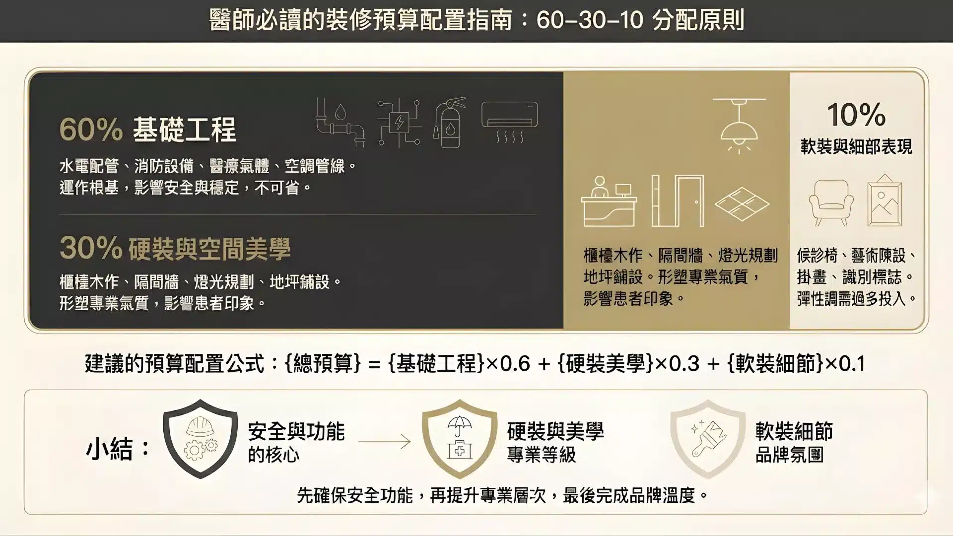 診所裝潢費用分配比例圖： 視覺化展示 60-30-10 黃金預算配比法則。
