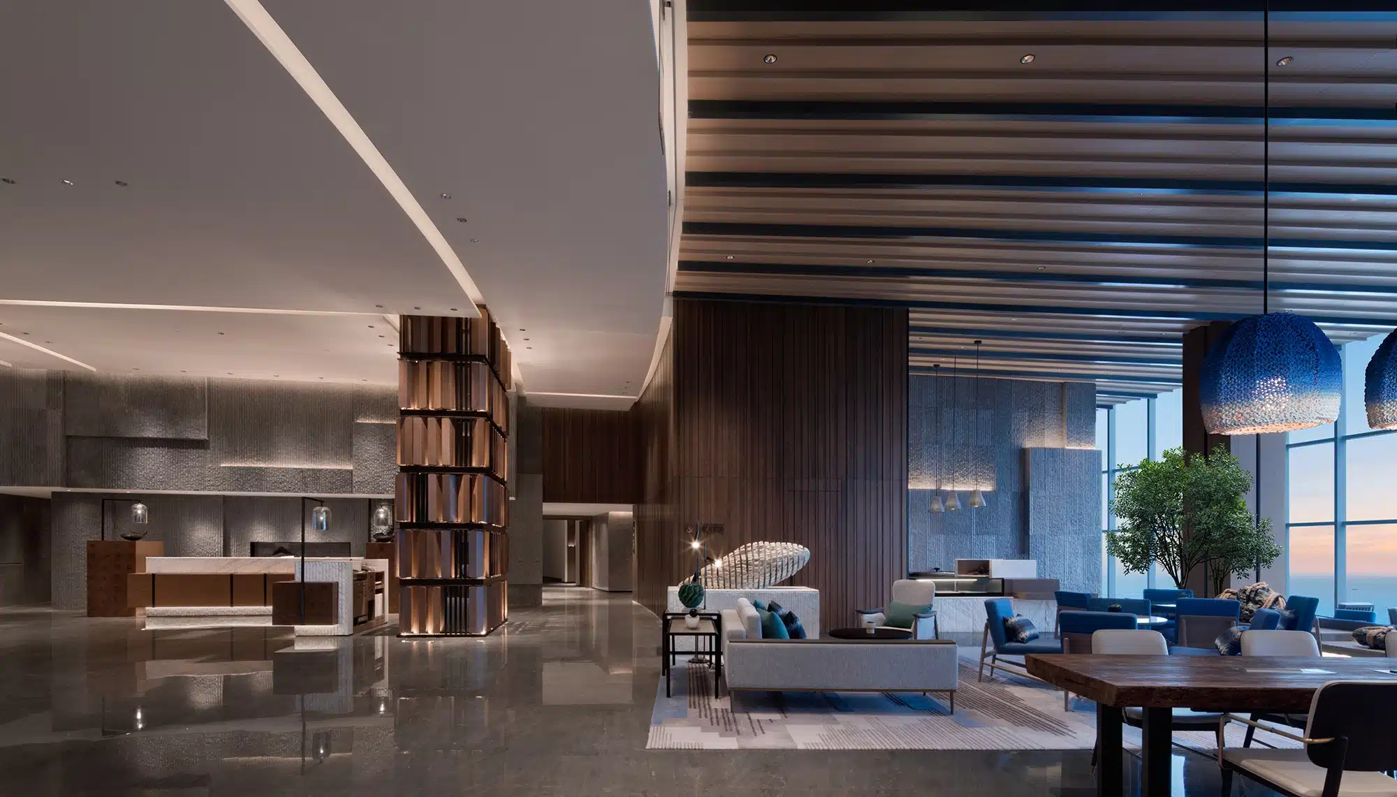 輕奢工業風室內設計，保留原始結構美感並結合絲絨與大理石材質，在粗獷與細緻間達成完美平衡