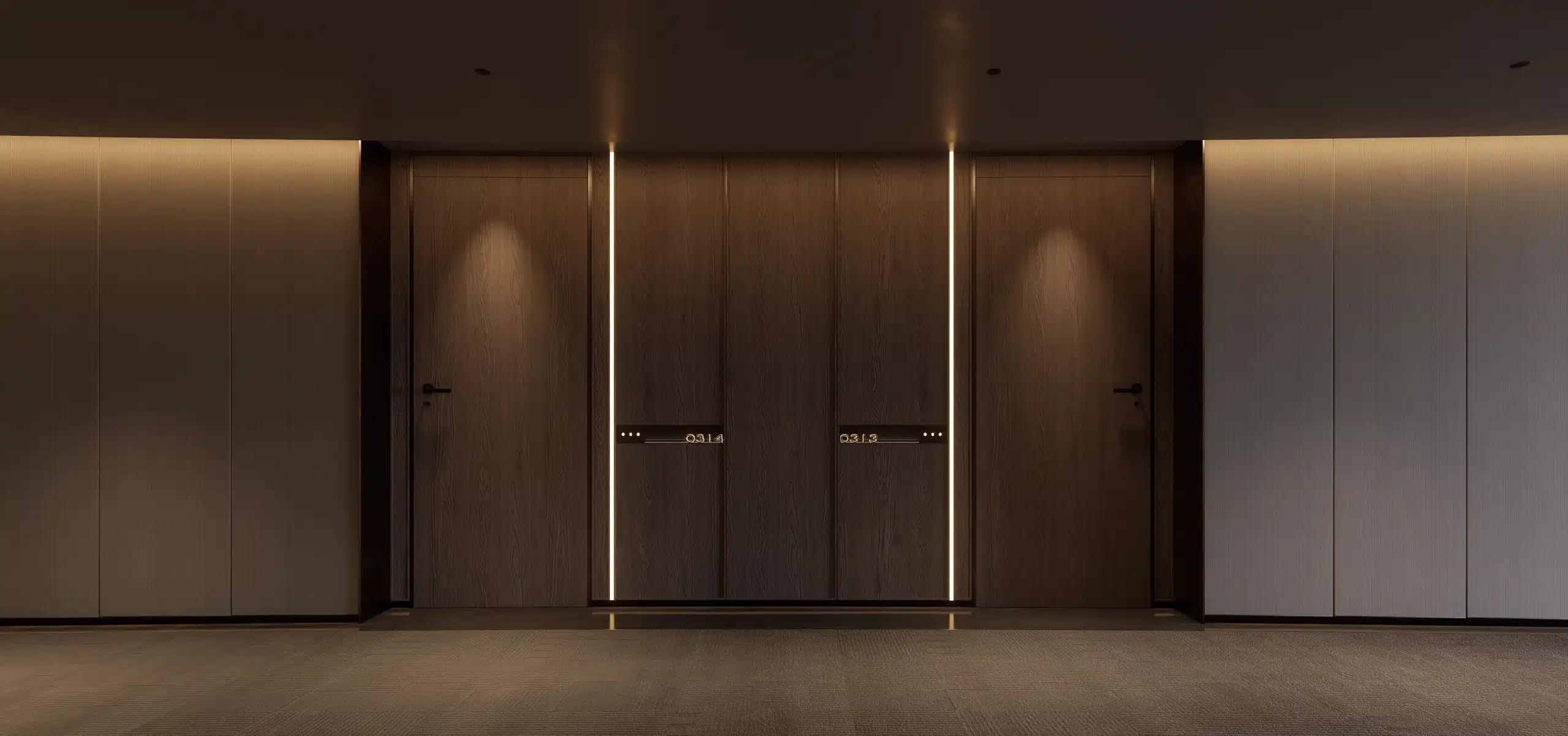 飯店客房走道與房務動線規劃，選用耐磨防撞材質降低長期營運維護成本