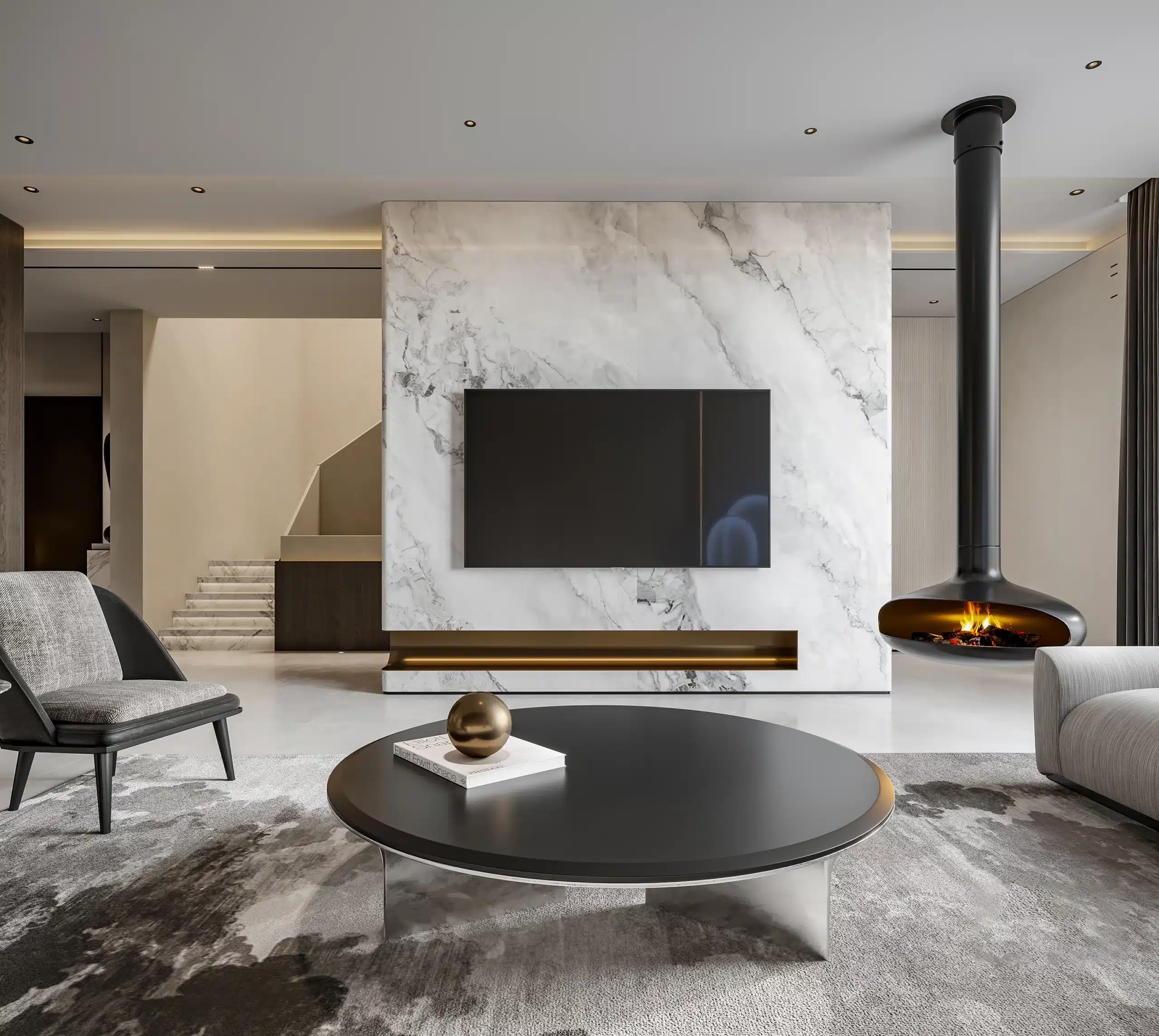 現代簡約風客廳設計，大理石紋理電視牆。