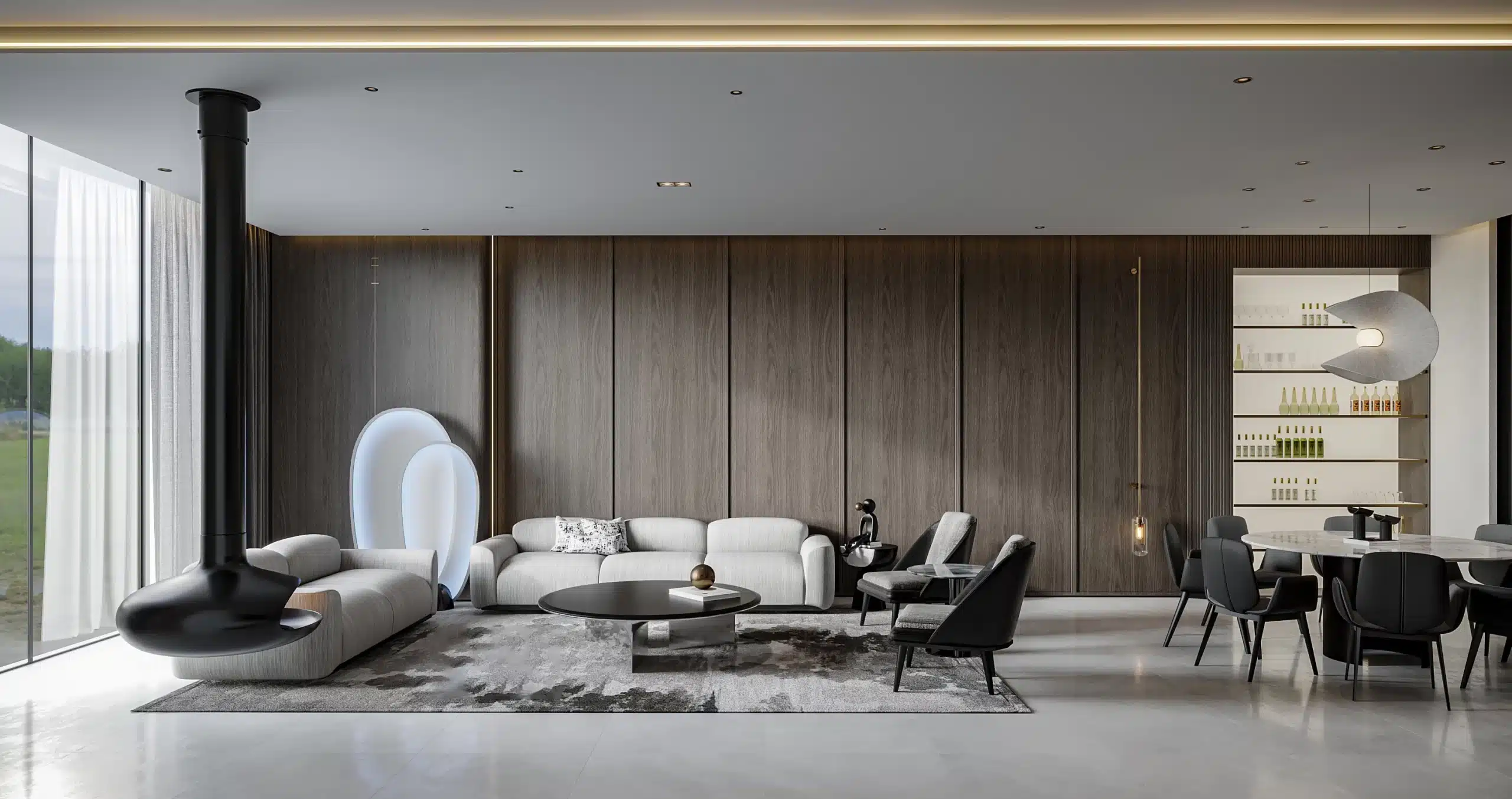 現代簡約風開放式格局設計，客廳、餐廳之間無實牆阻隔，視線通透寬敞，自然光線均勻灑落於全室。