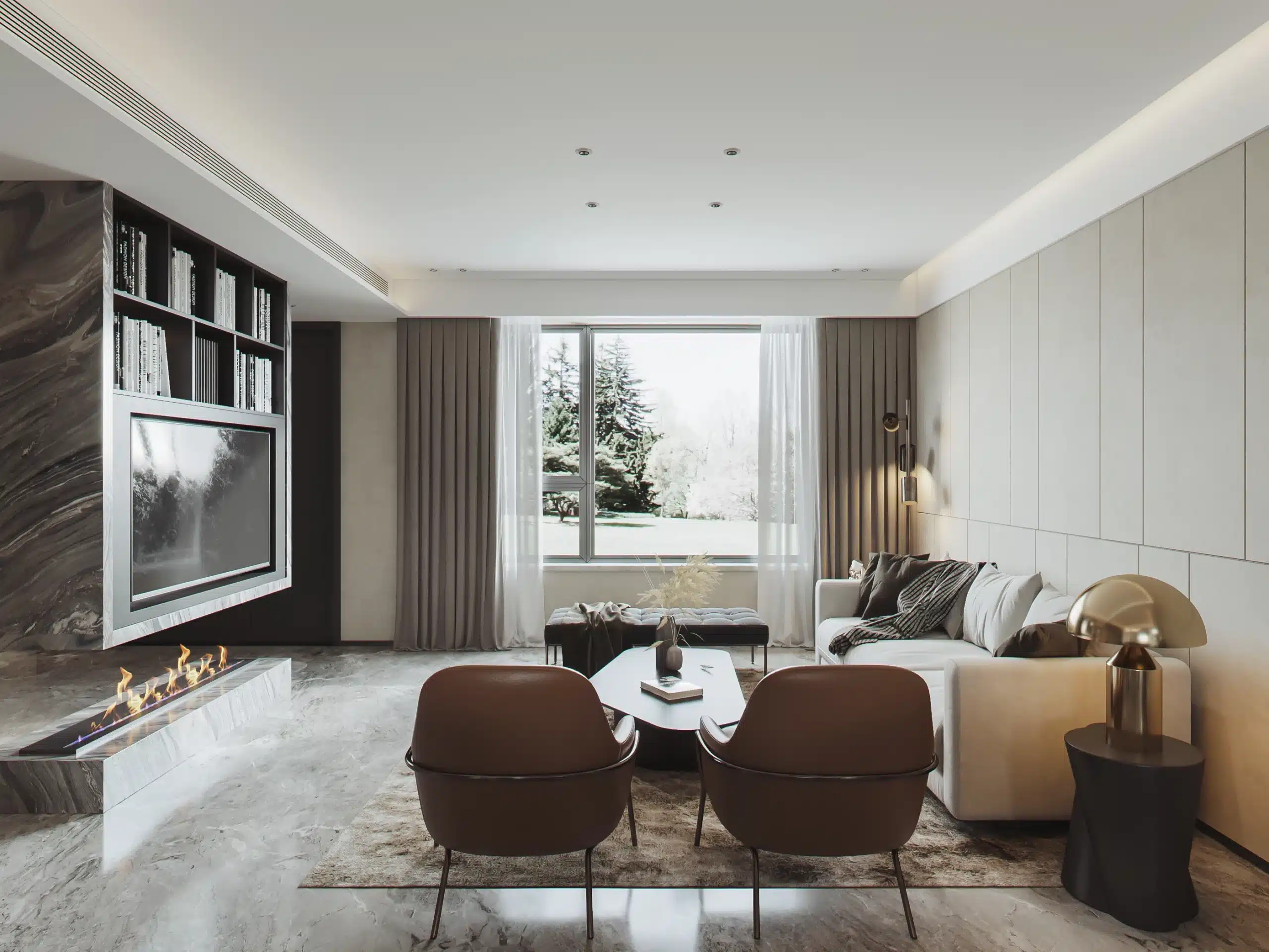 現代簡約風客廳，展示俐落的幾何線條設計。大理石電視牆右側的書櫃採用垂直與水平分割，天花板平整並結合線型出風口，呈現井然有序的空間結構。
